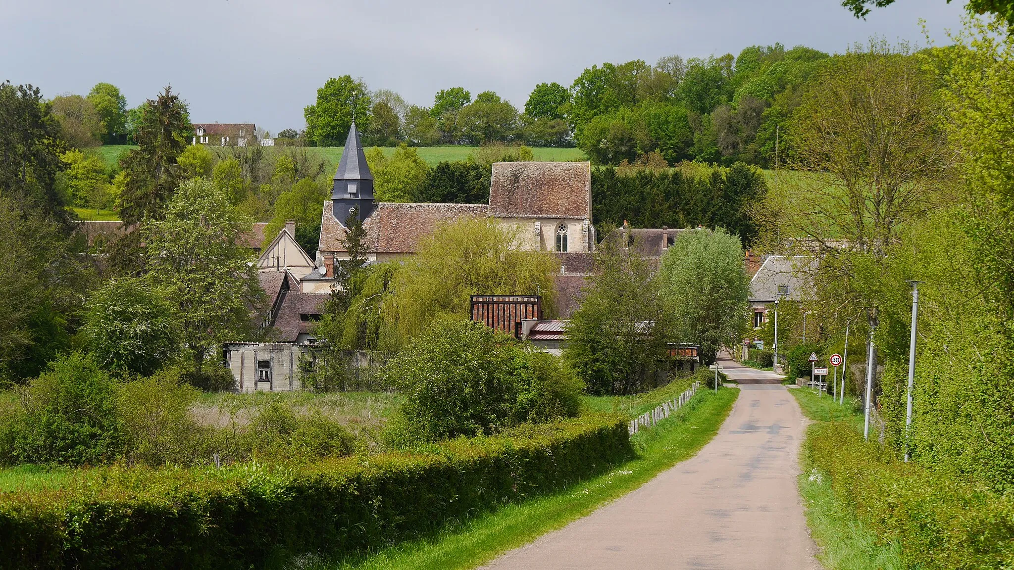 Photo showing: La photographie est prise depuis la route de Badelan. On aperçoit sur la gauche le parc et les bâtiments de la Fabuloserie, musée privé consacré à l'art brut. A l'arrière-plan se trouve l'église de Dicy et au dernier plan, Bellevue.