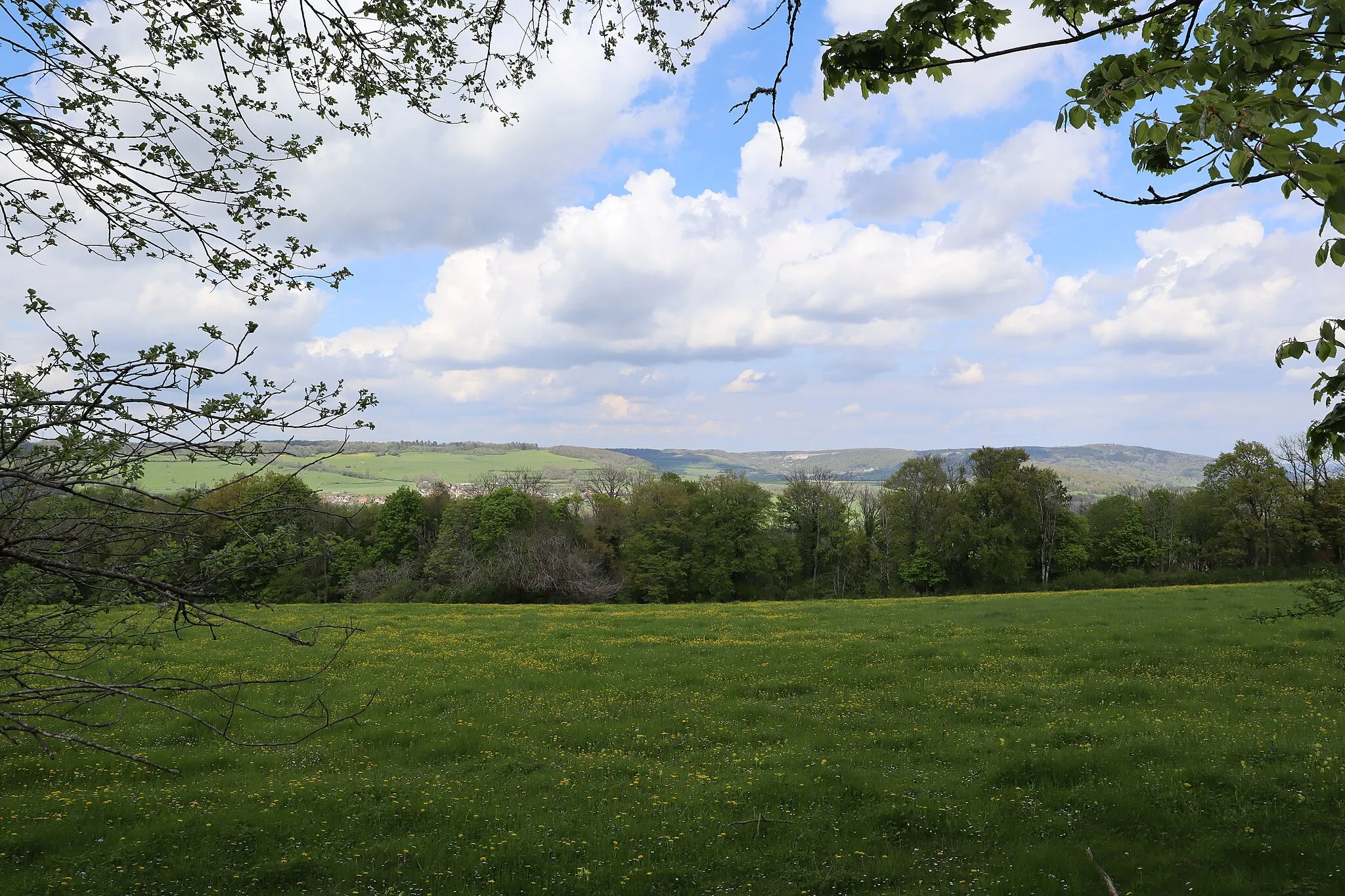 Photo showing: Le bourg de Savigny-sous-Mâlain (21) vu depuis la Montagne Saint-Laurent à Mesmont. A droite, les falaises et bourg de Baulme-la-Roche.