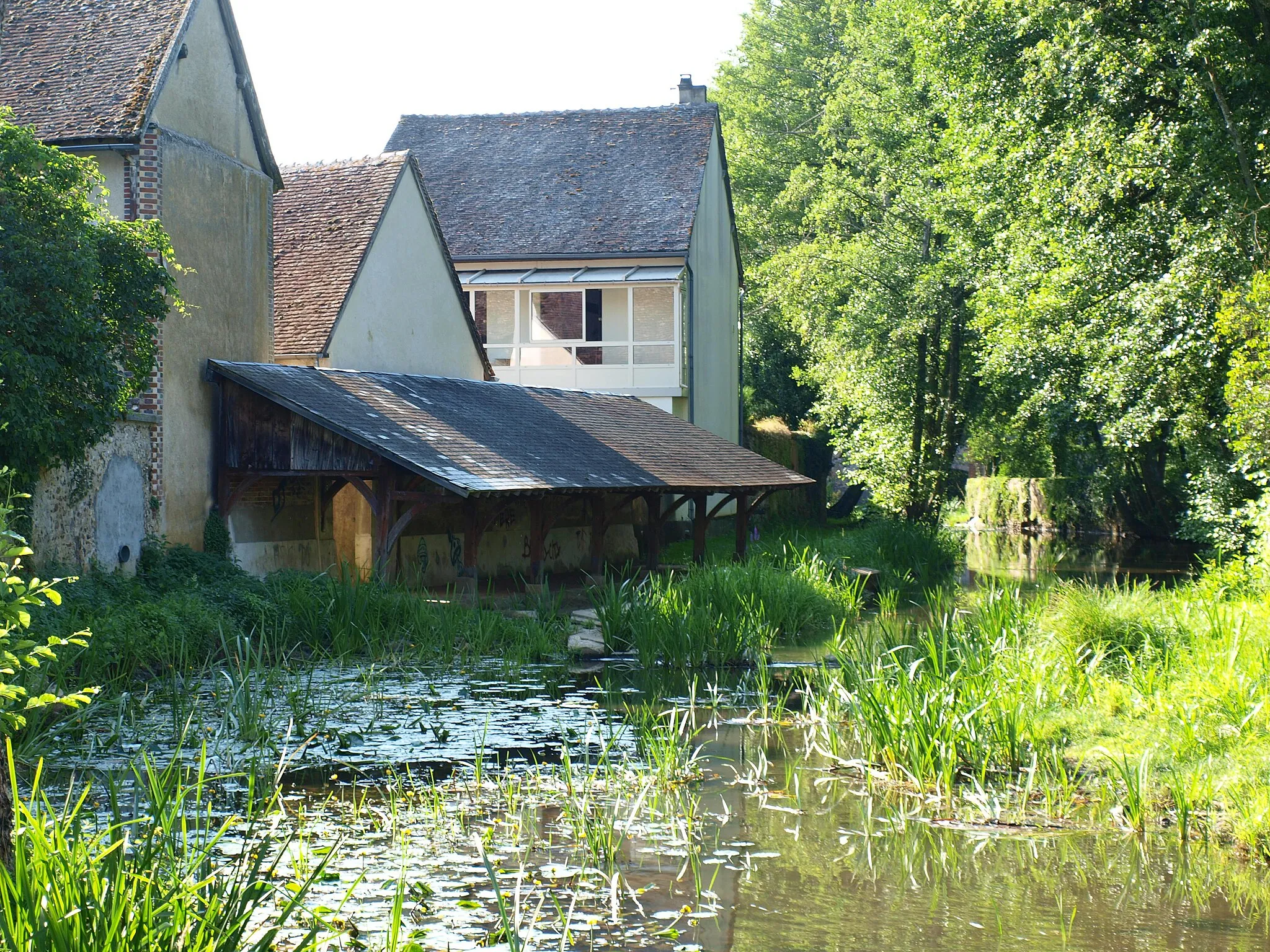 Photo showing: Mézilles (Yonne, France) ; lavoir sur le Branlin, vu du pont de la D 965 sur le bras du branlin le plus proche du centre ville. Vue vers l'aval.