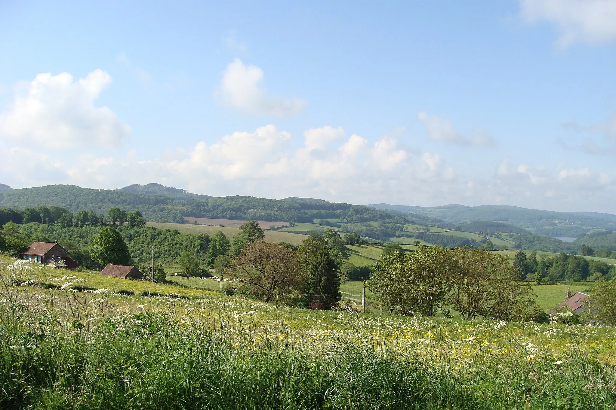Photo showing: Vertes collines, bois sombres, pâtures et la tâche bleue d'un lac (Pannecière en l'occurrence).