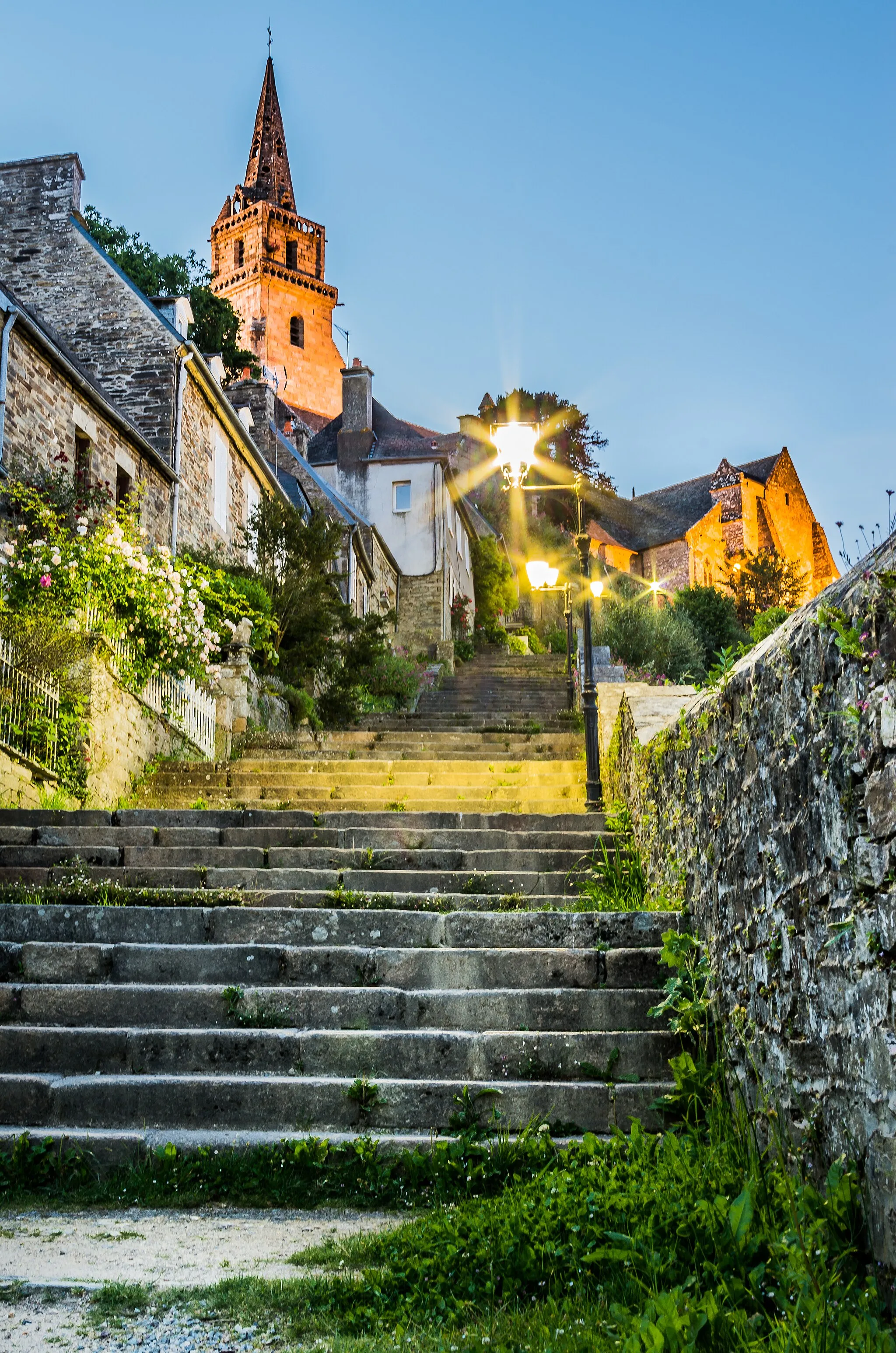 Photo showing: The stairs to the Church in Lannion. This is a medieval period church belonging to the age of Templars. This is one of the main church of Lannion.
This is late evening picture of the Church. To add the star burst effect I increased the aperture value and set it on tripod. The Pinacle of the church is exposed by the setting sun and the Sodium lamp. The Top-Right of the Church (In the image) is purely exposed by Sodium lamps.