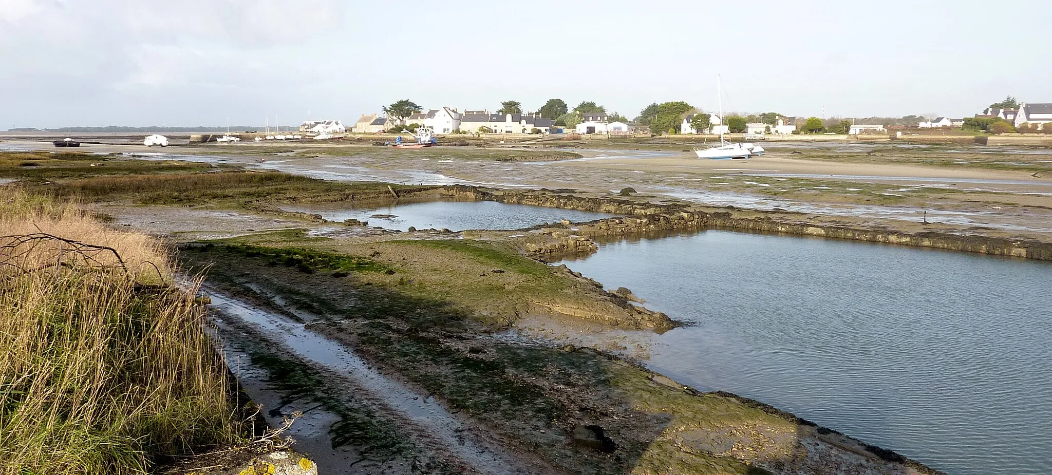 Photo showing: Carnac : l'Anse du Pô et ses parcs ostréicoles à marée basse ; à l'arrière-plan le hameau du Pô.