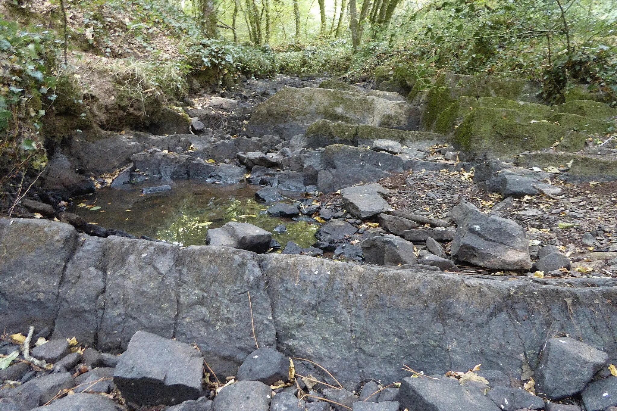 Photo showing: Des grès rouges en gradins dans le lit du ruisseau de la Roche (Vue vers le Sud)