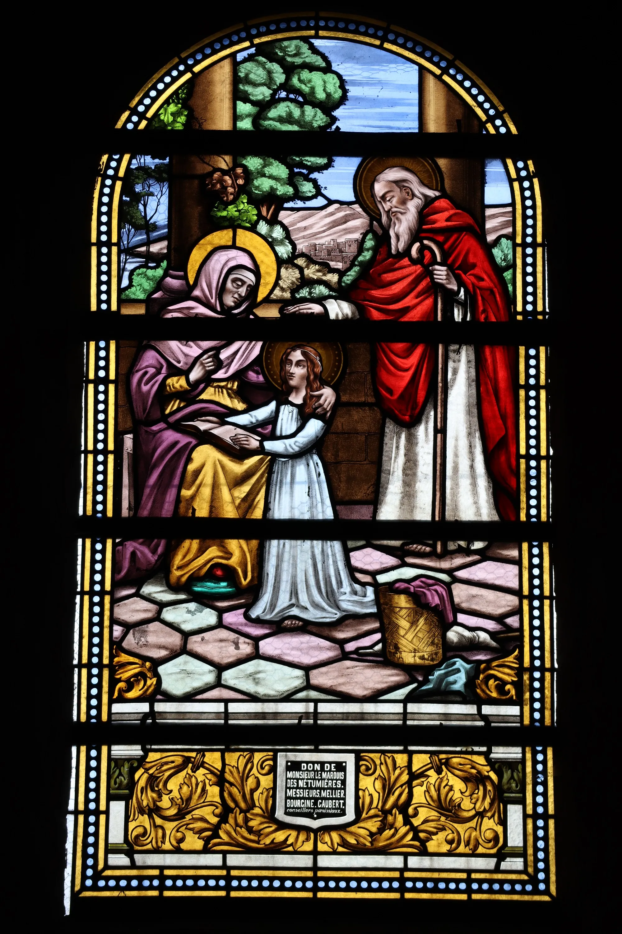 Photo showing: Vitrail de l'église Saint-Martin de moulins (35). Sainte-Anne, la Vierge et Saint-Joachim.