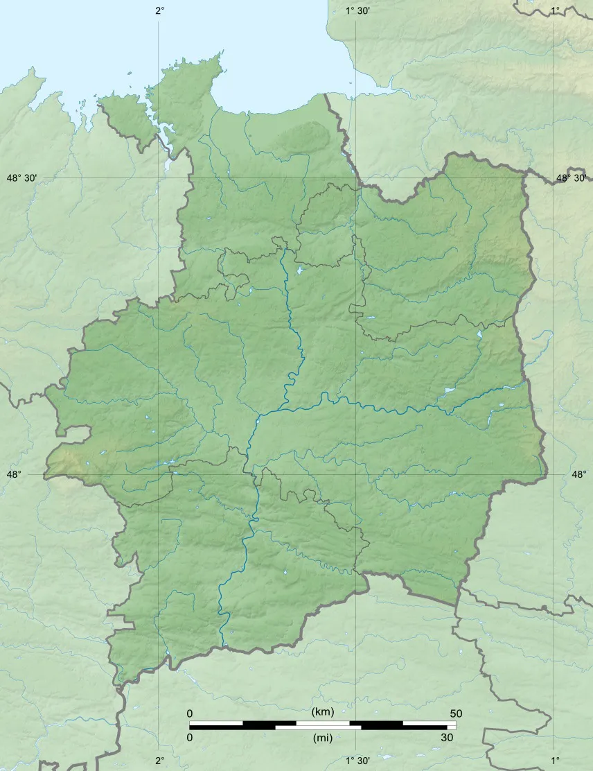 Photo showing: Blank physical map of the department of Ille-et-Vilaine, France, for geo-location purpose, with distinct boundaries for regions, departments and arrondissements.