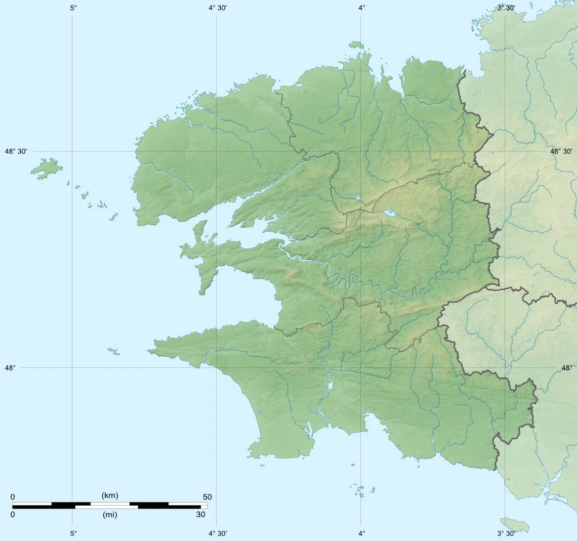 Photo showing: Blank physical map of the department of Finistère, France, for geo-location purpose, with distinct boundaries for departments and arrondissements.