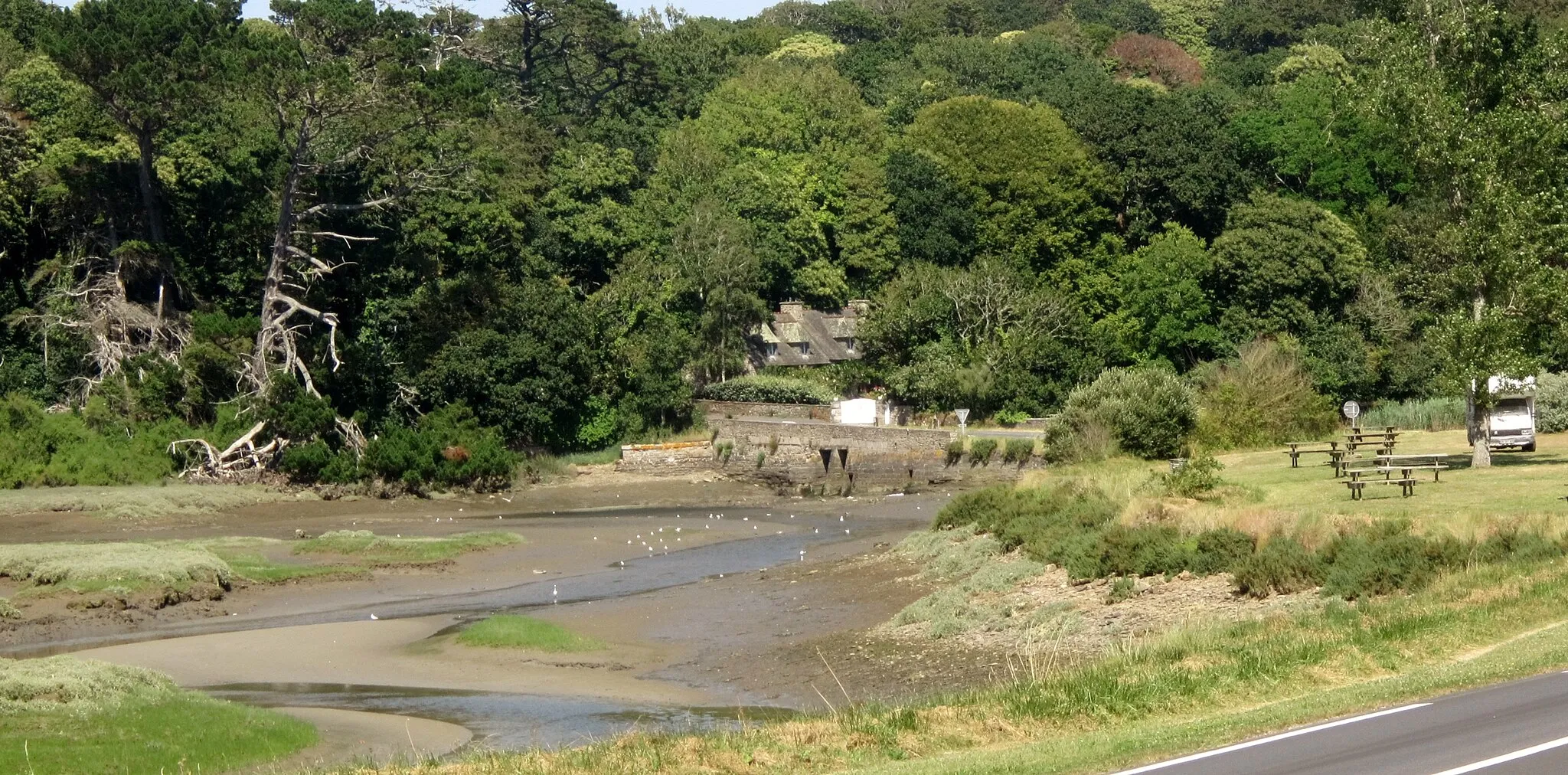 Photo showing: Le pont-digue de Kerjan au fond de la ria du Conquet à marée basse (route départementale 28) ; la digue retient les eaux de l'étang de Kerjan ; à l'arrière-plan les bois du domaine du château de Kerjan Mol.