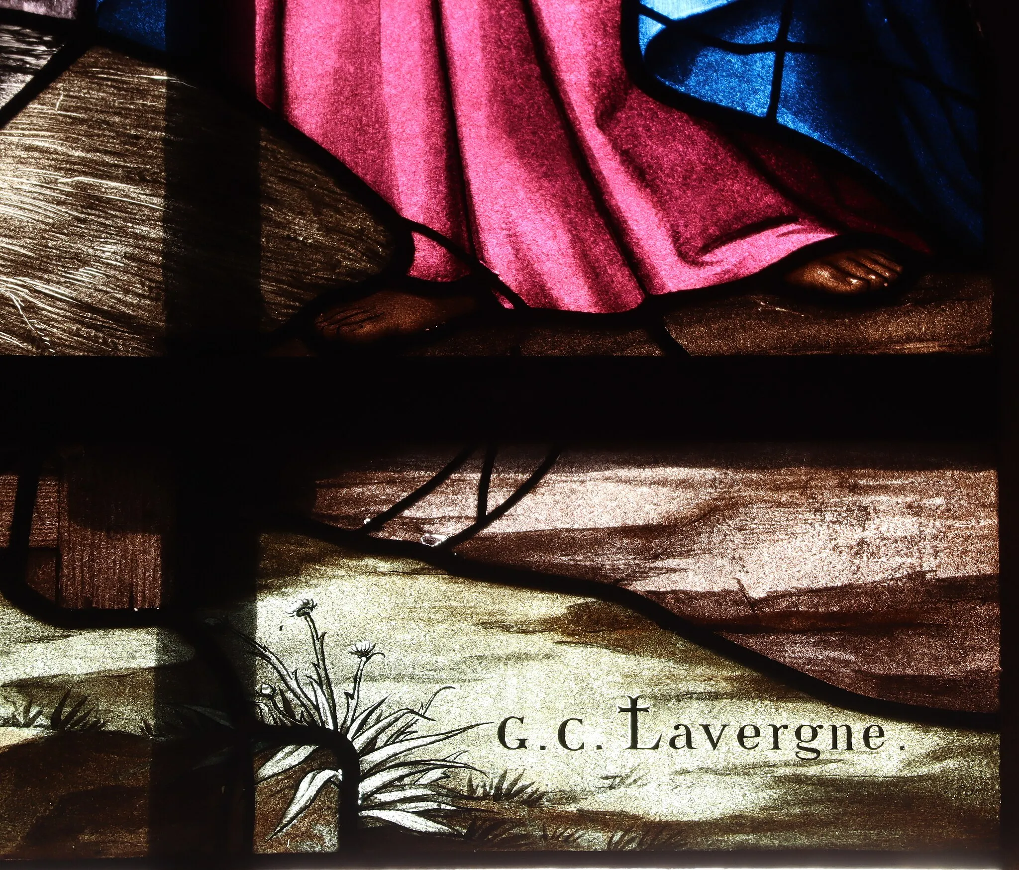 Photo showing: Maîtresse-vitre de l'église Saint-Martin à Meillac (35). L'adoration des bergers. Georges Lavergne.