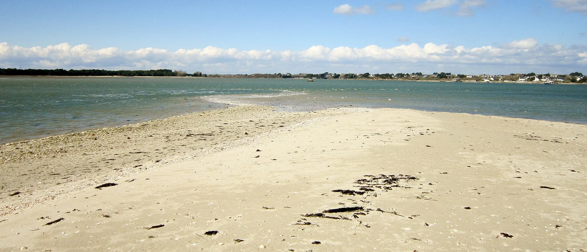 Photo showing: Plouharnel : la Pointe de Pen er Lé et, à l'arrière-plan, le bourg de Plouharnel qui domine le fond de la Baie de Plouharnel.