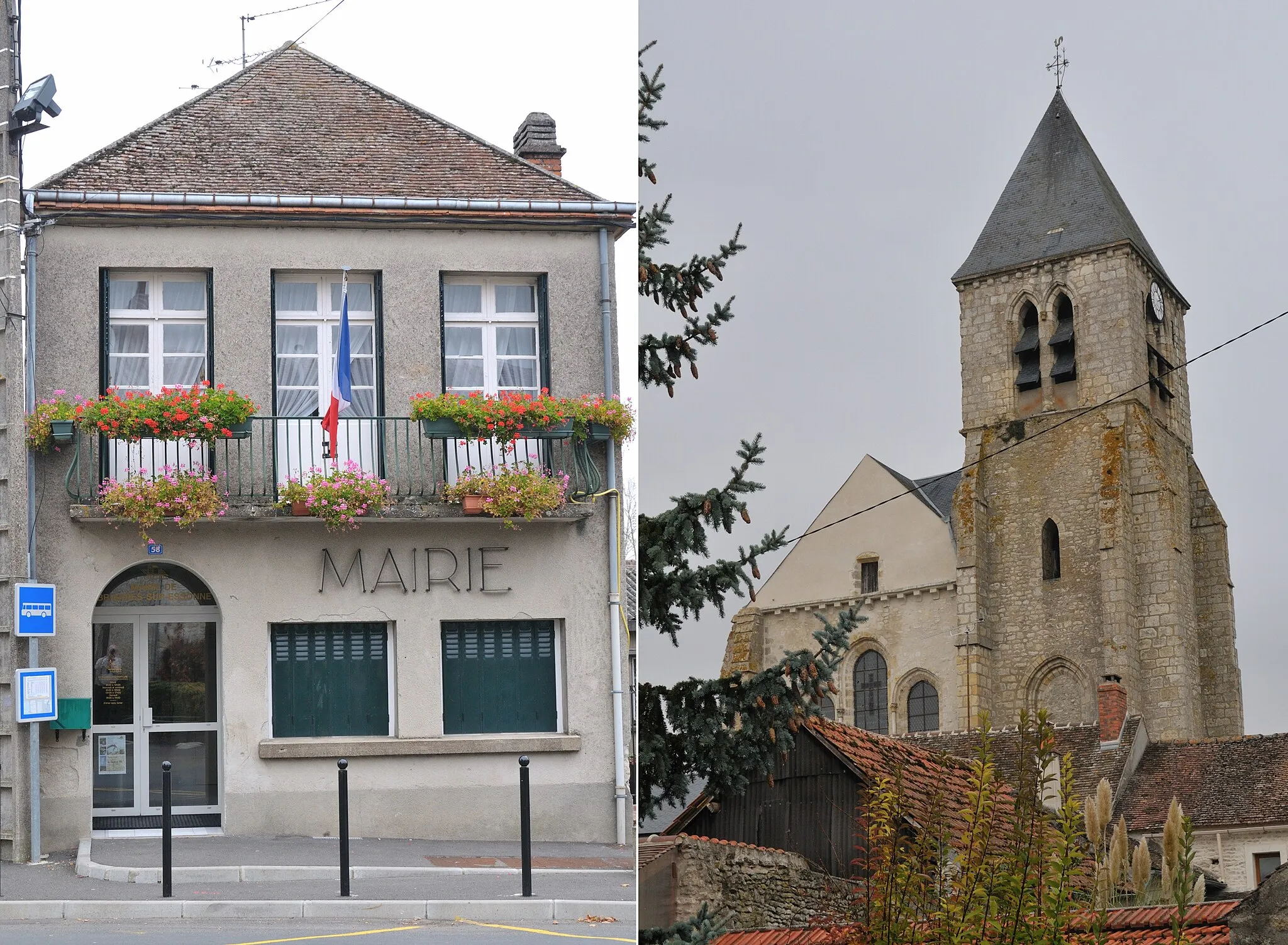 Photo showing: Assemblage de deux photos (mairie et église Saint-Étienne) de Briarres-sur-Essonne, Loiret, France