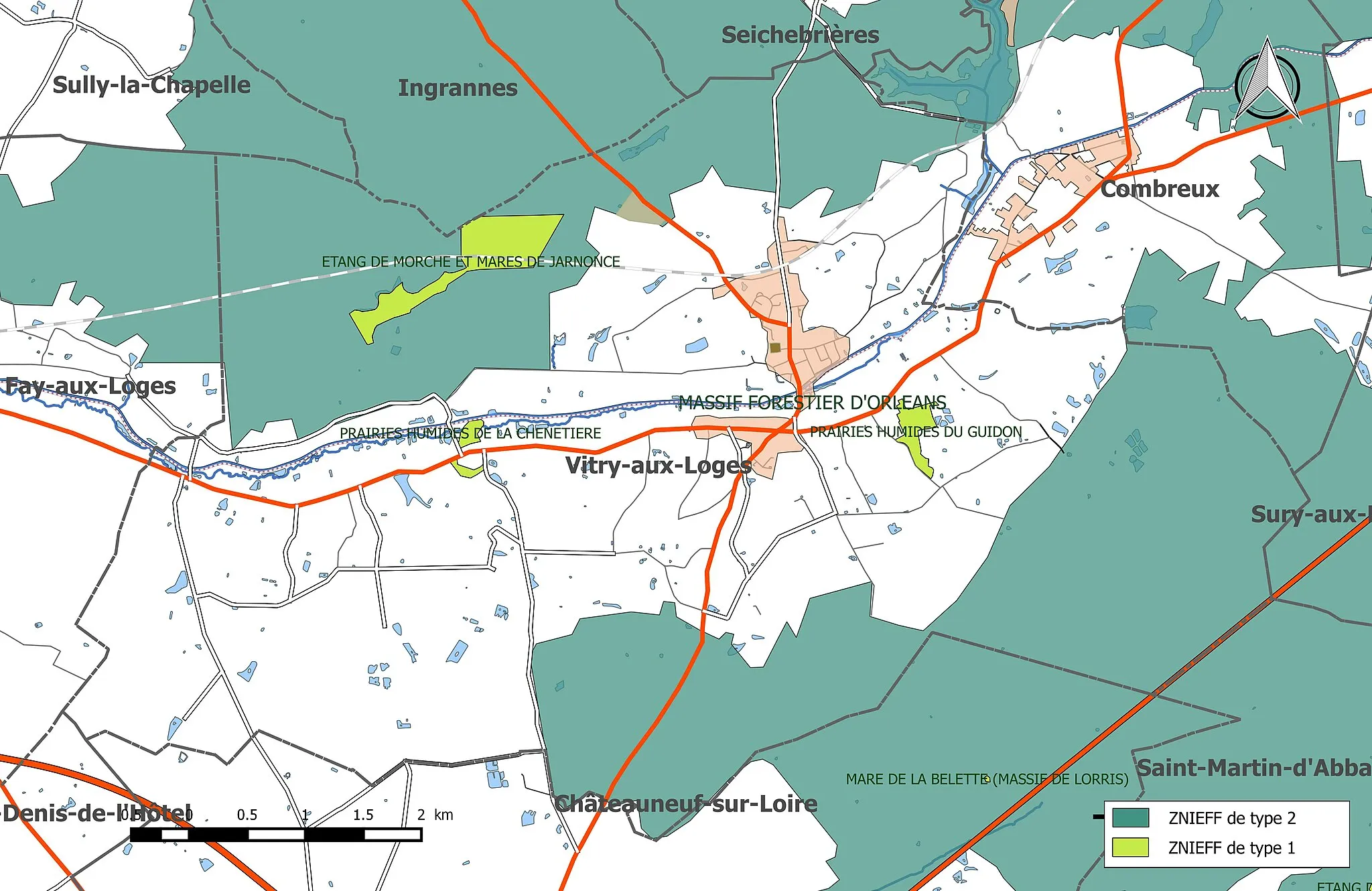 Photo showing: Carte des Zones naturelles d'intérêt écologique faunistique et Floristique (ZNIEFF)  de la commune de fr:Vitry-aux-Loges.