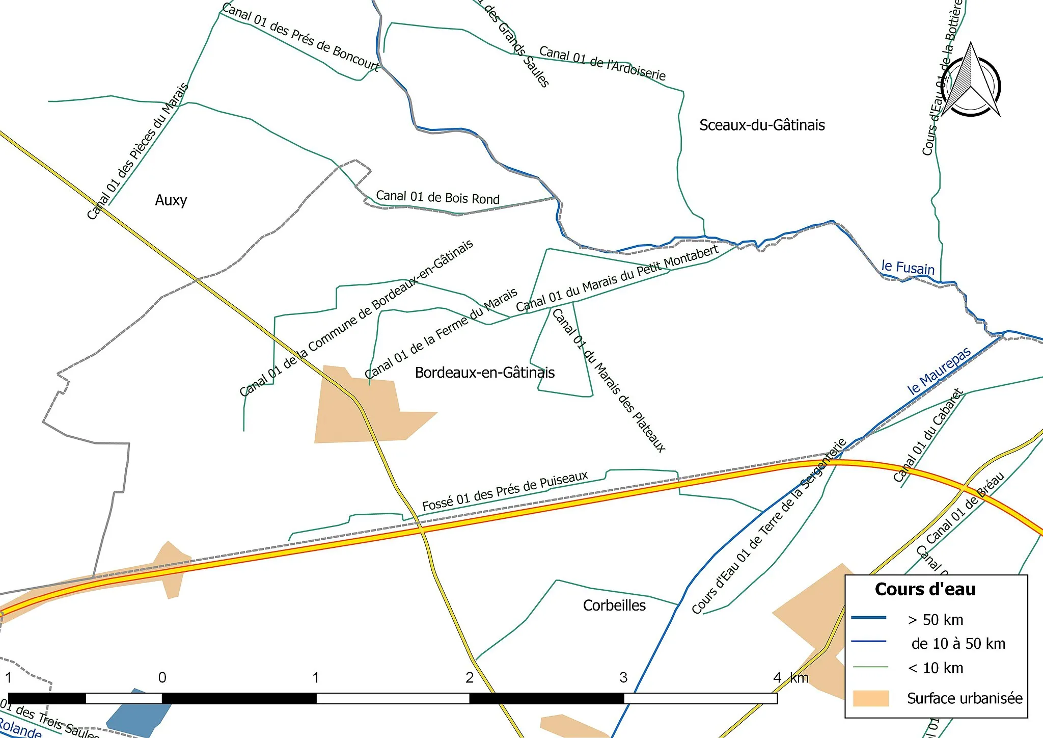 Photo showing: Carte du réseau hydrographique de la commune de fr:Bordeaux-en-Gâtinais (France).