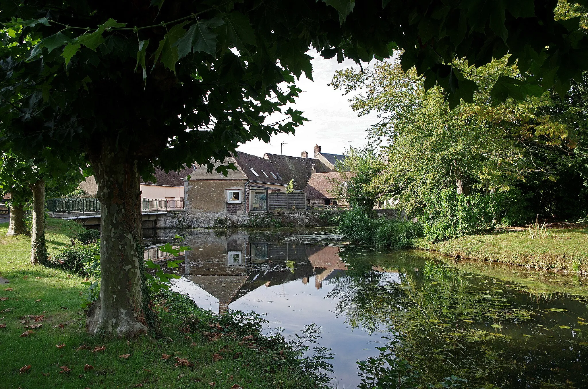 Photo showing: douves du château féodal, alimentées par la rivière le Loir, Alluyes, Eure-et-Loir, France.