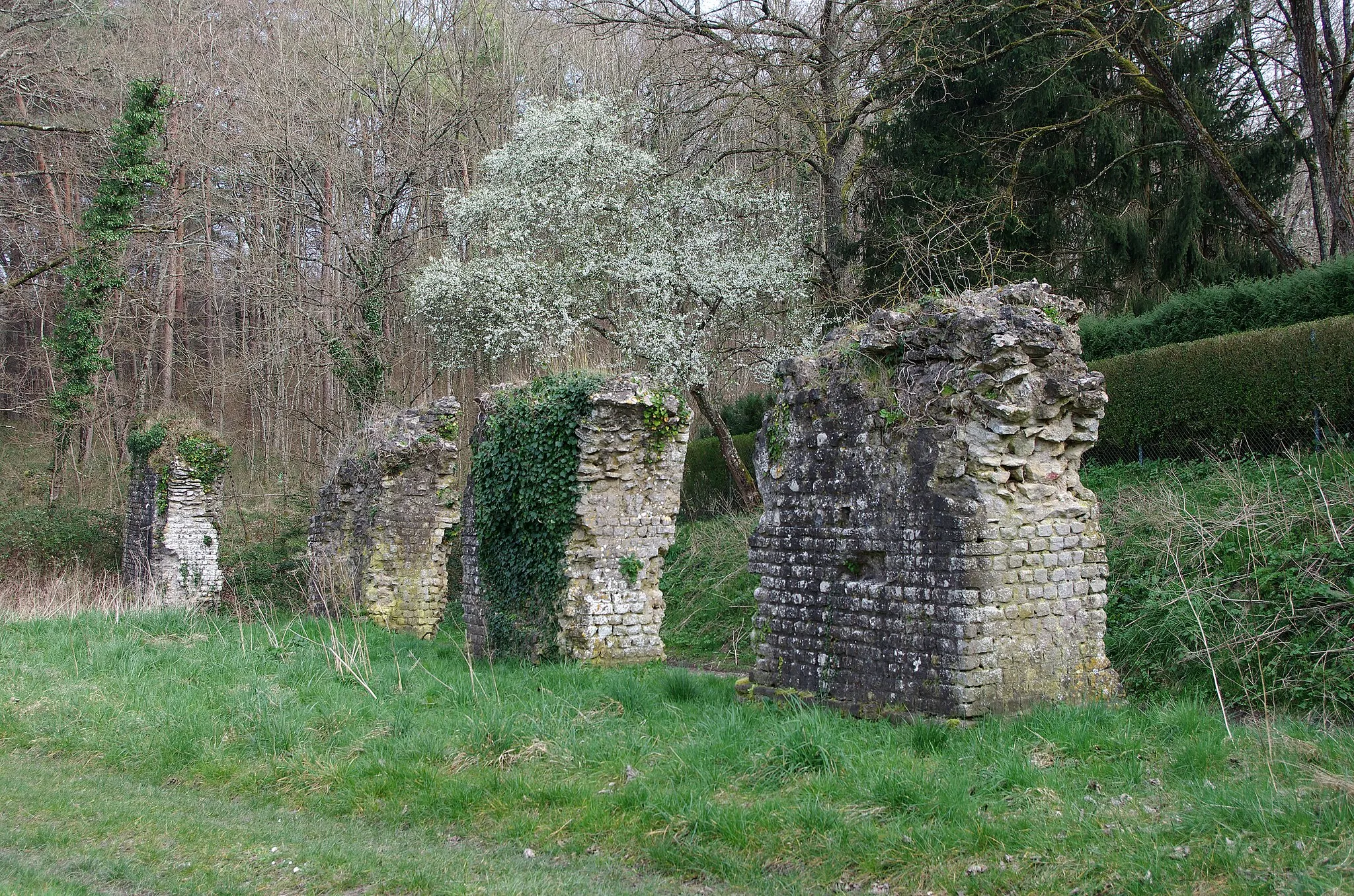 Photo showing: Ferrières-sur-Beaulieu (Indre-et-Loire)
Il s'agit des vestiges d'un aqueduc gallo-romain qui alimentait en eau une villa située non loin de Loches. 
Ils sont situés non loin du lieu dit « les petites maisons ». 
L'aqueduc de Contray sur la rive droite de l'Indre a conservé 4 piles. 
Cette partie aérienne de l'aqueduc permettait de franchir un vallon. 
L'eau était certainement captée à la fontaine d'Orfonds, située dans la forêt de Loches, et alimentait une villa proche de Contray.

It is the remains of a Gallo-Roman aqueduct that supplied water to a villa near Loches.
They are located not far from the place called « les « petites maisons.
The aqueduct Contray on the right bank of the Indre retained 4 pilasters aqueduct.
The aerial part of the aqueduct allowed to cross a valley.

The water was certainly captured the fountain Orfonds, located in the forest of Loches, and suppling with water a villa near Contray.