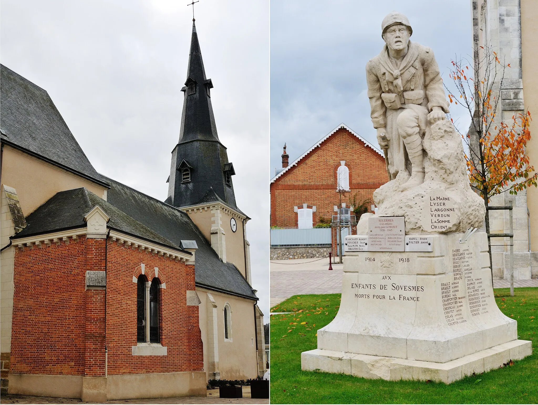Photo showing: Assemblage de deux photos (église Saint-Julien et monument aux morts) de Souesmes, Loir-et-Cher, France