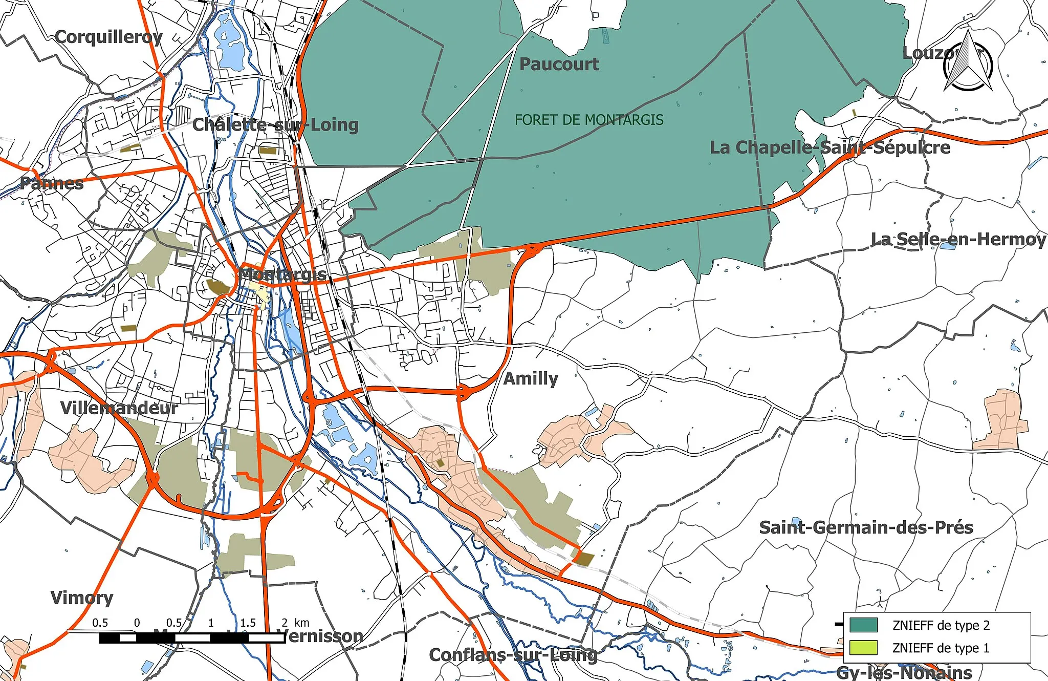 Photo showing: Carte des Zones Naturelles d'Intérêt Écologique Faunistique et Floristique (ZNIEFF) de la commune de fr:Amilly (Loiret).