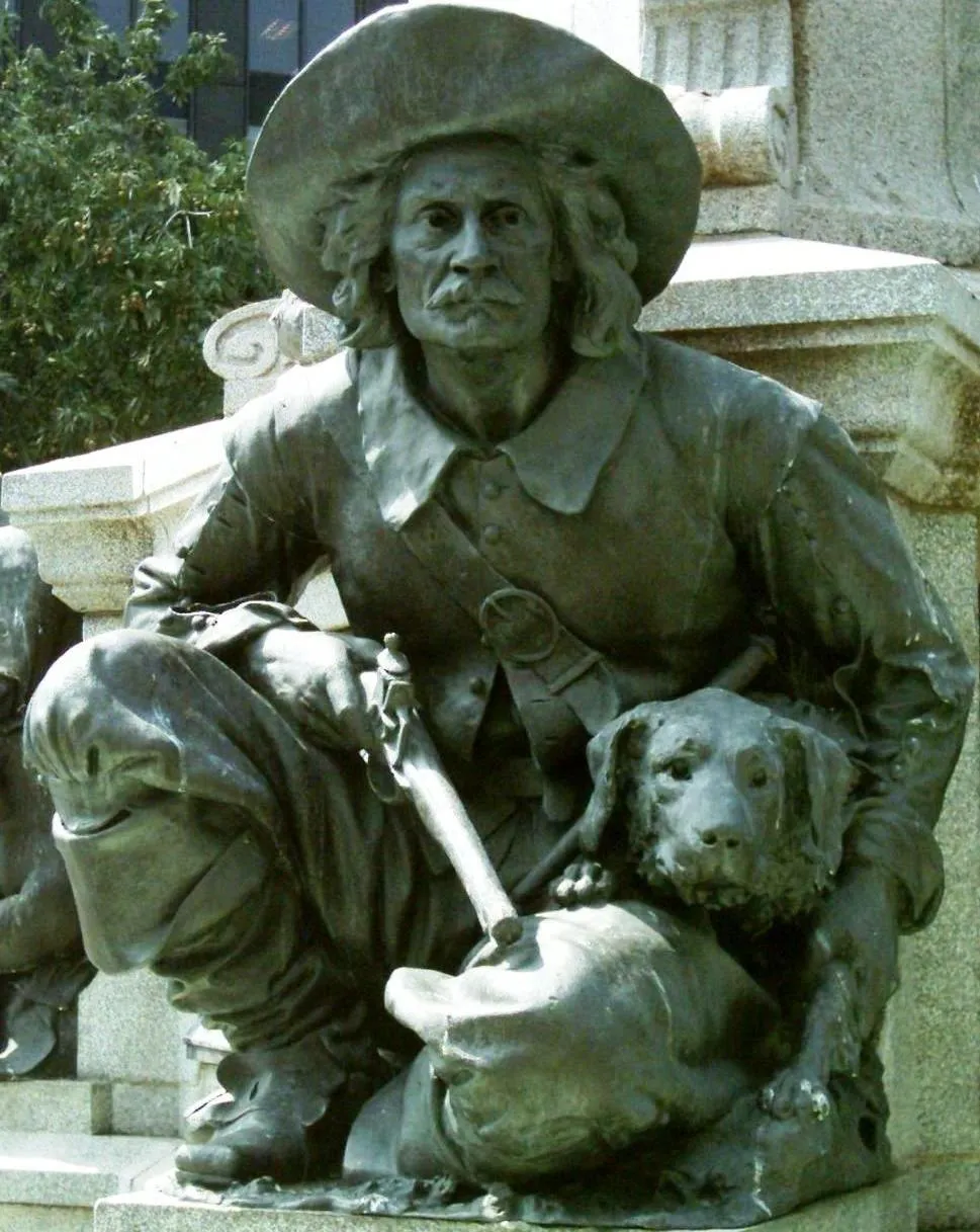 Photo showing: Bronze représentant Lambert Closse. Il est l'une des 4 figures accompagnant le momument à Maisonneuve situé au centre de la Place d'armes à Montréal.