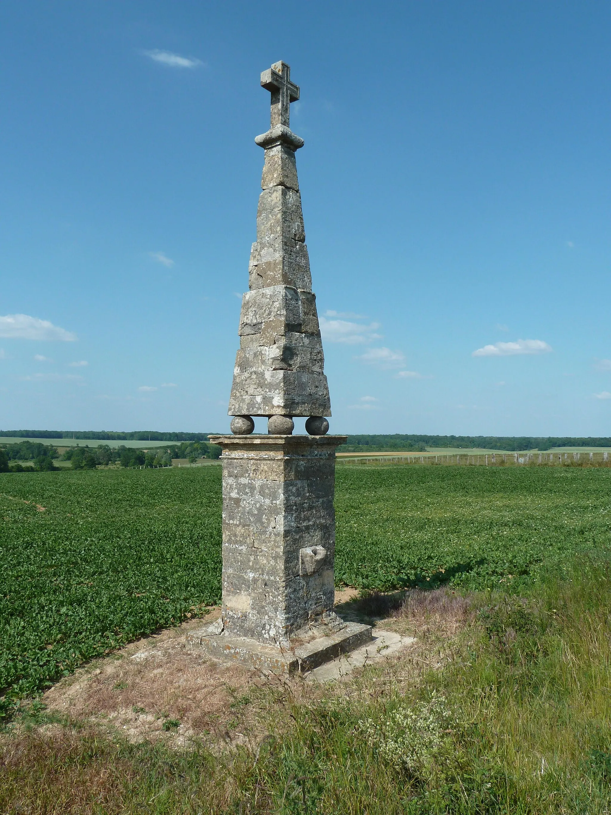 Photo showing: Croix, dite Croix de Dom Georges ou Croix-Saint-Georges, construite sous Louis XII , près de Saint-Mard-sur-le-Mont. Ce calvaire est situé sur la commune de Possesse, au bord de la RD 994 (ancienne Voie romaine Reims-Metz), offrant une vue panoramique sur le village de Saint-Mard-sur-le-Mont et son église remarquable. Latitude :  N 48° 54' 25.39" Longitude : E 4° 51' 52.60" altitude : 191 m.