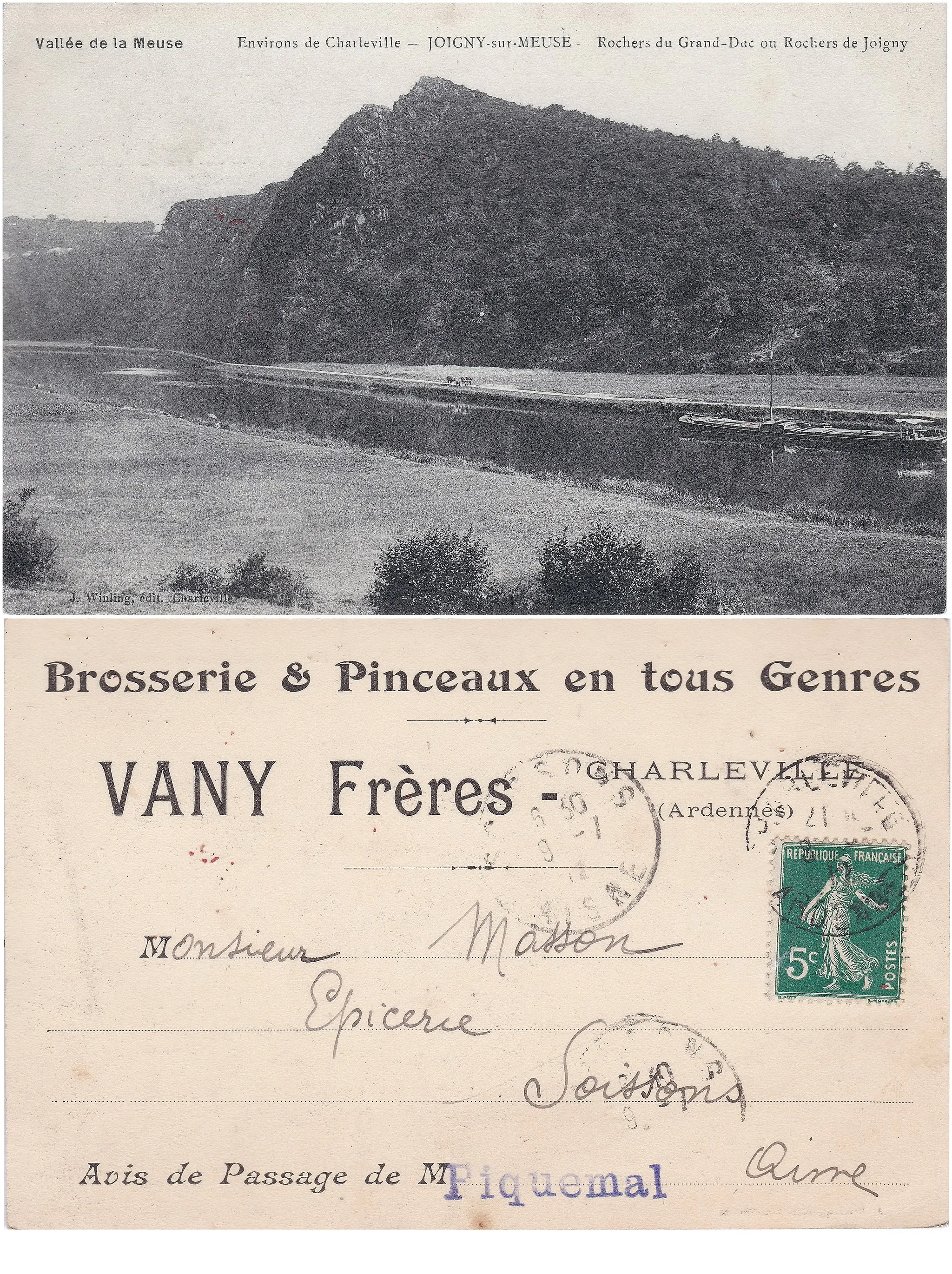 Photo showing: Joigny-Sur-Meuse (France, Ardennes department) - View on the rocks of Joigny and on the Meuse river north of Charleville-Mézières - Horse-Drawn Barge.
