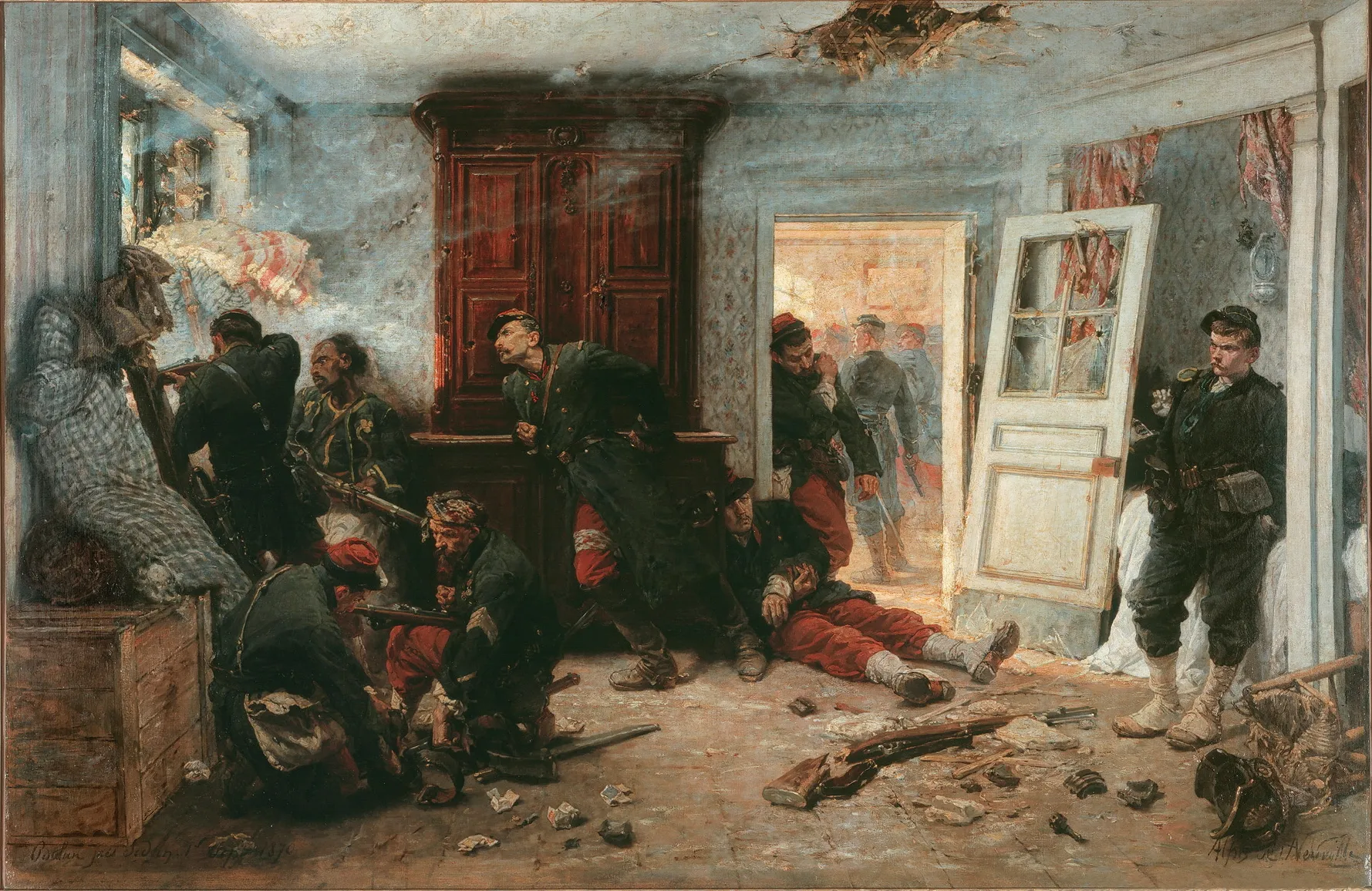 Photo showing: Painting by Alphonse-Marie-Adolphe de Neuville, 1873: Les dernières cartouches (The last cartridges). French snipers ambush Bavarian troops, hiding in the l'Auberge Bourgerie in Bazeilles, prior to the Battle of Sedan during the Franco-Prussian War in 1870.