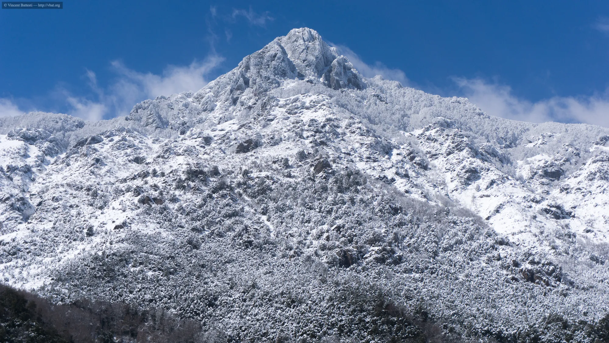 Photo showing: Le sommet du San Petrone (versant oriental depuis la commune de Nocario (hameau de Nucariu) sous la neige (22 mars 2018).