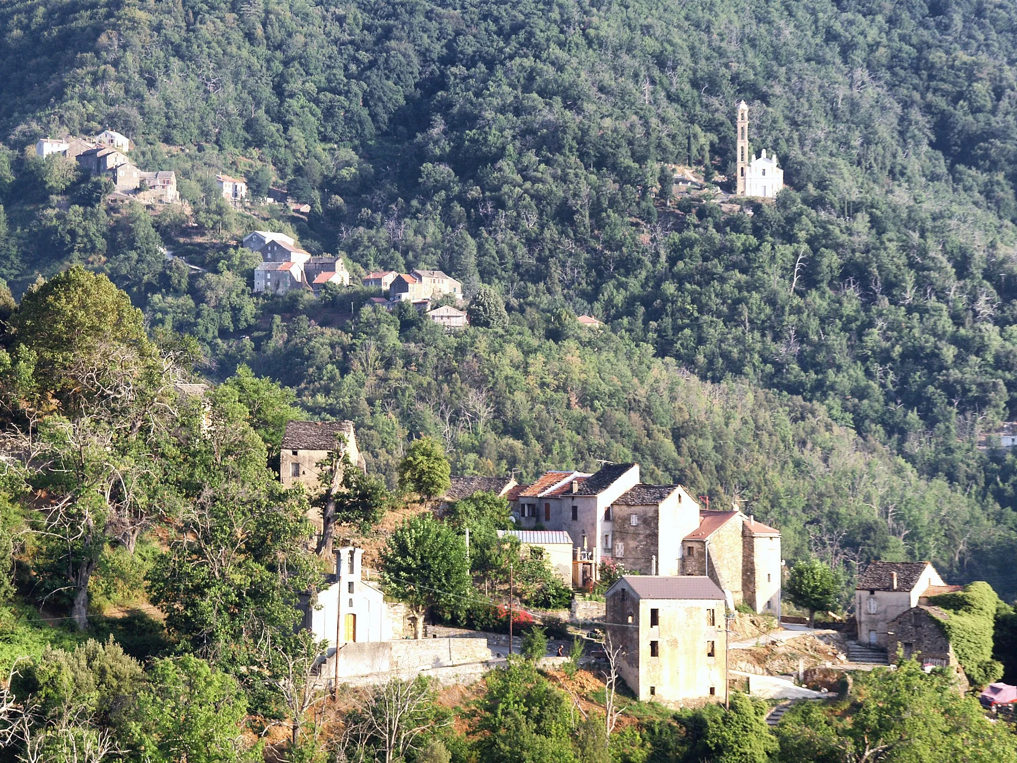 Photo showing: Alzi, Bozio (Haute-Corse) - Vue du village d'Alzi (avant-plan). En arrière-plan, le village de Piedicorte-di-Bozio et l'église Sant'Andréa dite « cathédrale du Bozio ».