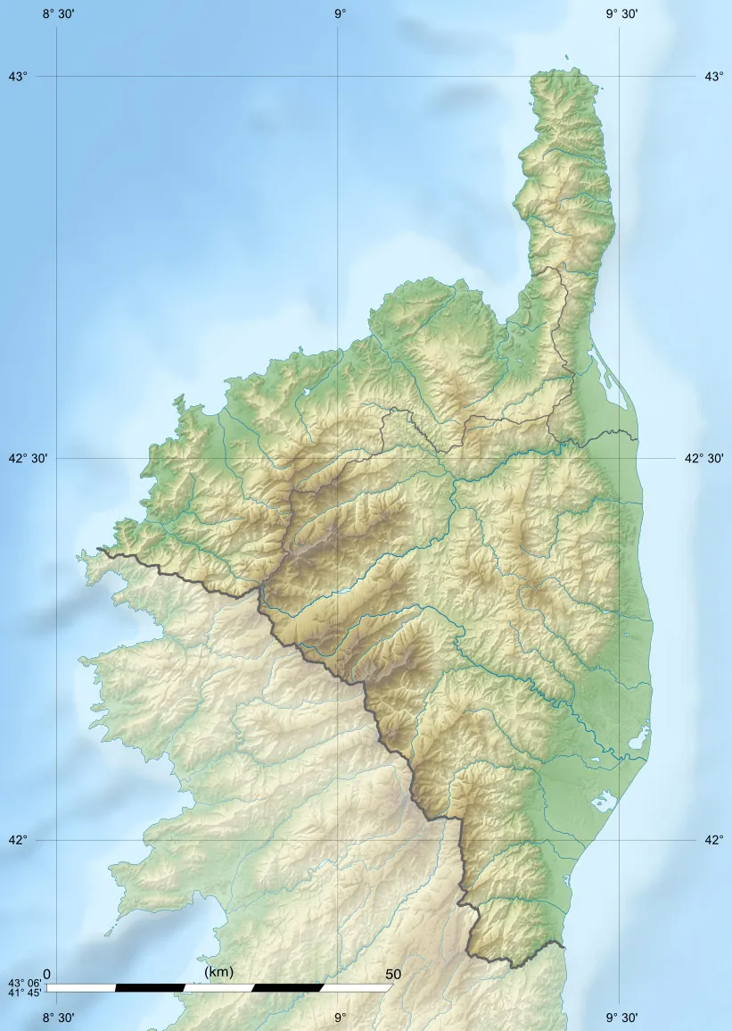 Photo showing: Blank physical map of the department of Haute-Corse, France, for geo-location purpose, with distinct boundaries for departments and arrondissements as they are since January 2010. The former version of the map shows the boundaries as they were until December 2009.