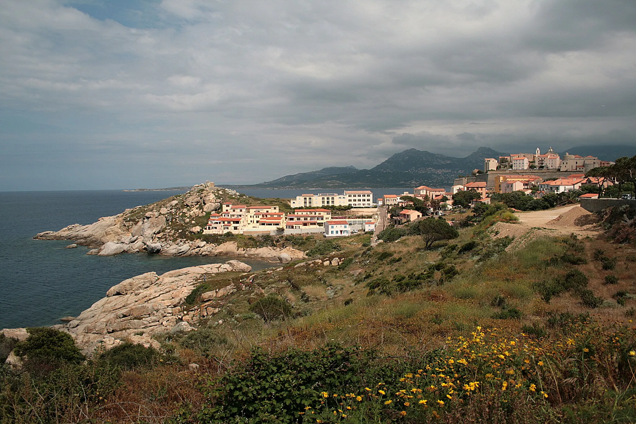 Photo showing: Calvi (Haute-Corse) - View on the Bay, Punta San Francesco and the old citadel area.