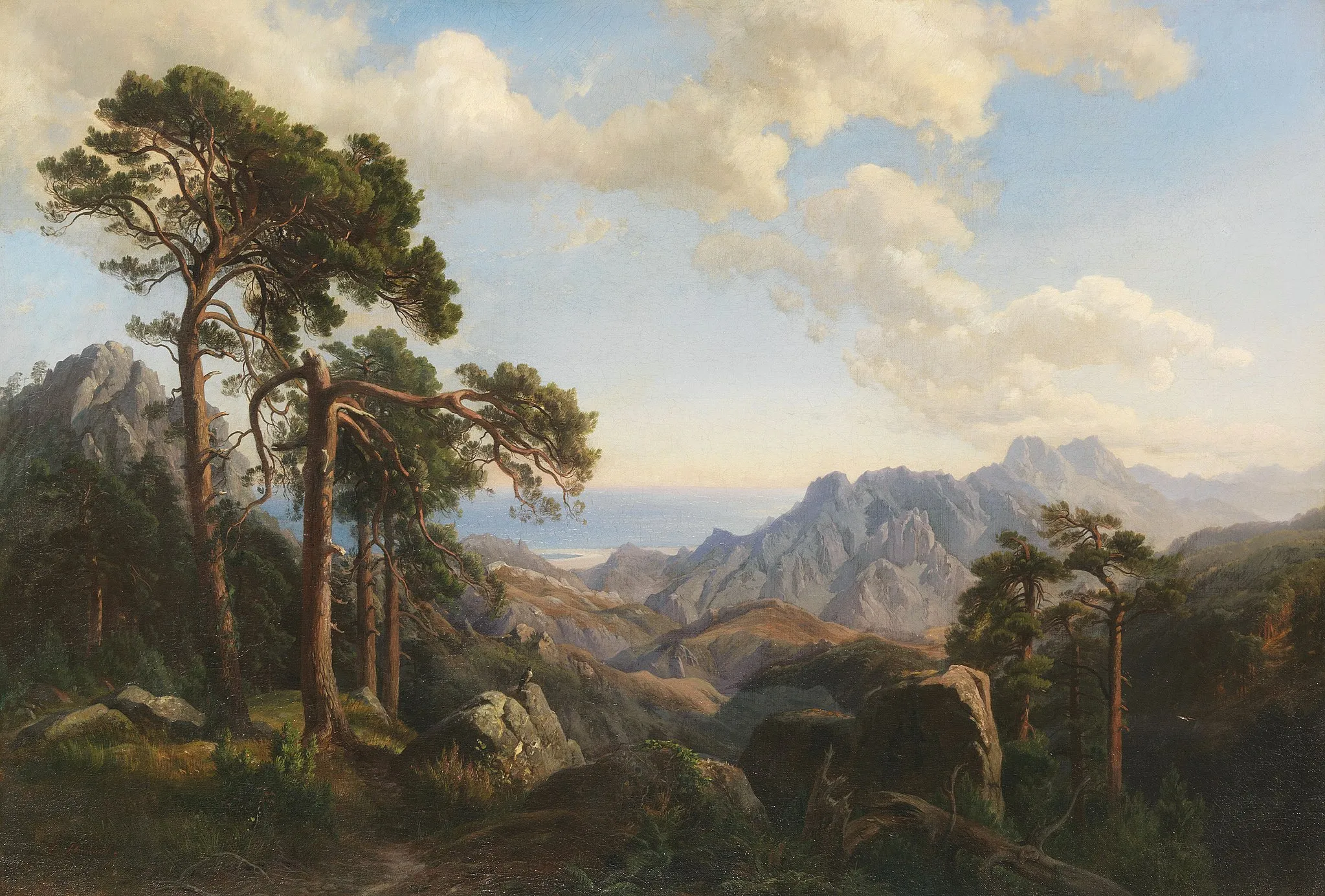 Photo showing: Aussicht vom Col de Sorba bei Vivario mit Pinien, Korsika. Öl auf Leinwand. Links unten signiert und datiert. 65,3 x 95 cm