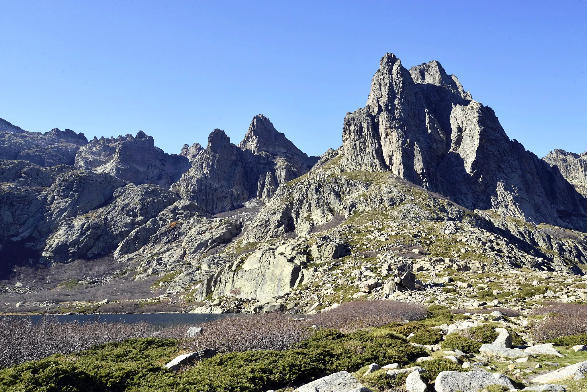 Photo showing: Corte, Centre Corse (Haute-Corse) - Le lac de Melo par lequel transite la rivière Restonica, est dominé par le Lombarduccio (2261 m) du massif du Rotondo. Au premier plan, genévriers (Juniperus communis subsp. alpina) et aulnes odorants (espèce endémique corse Alnus alnobetula subsp. suaveolens) qui ont perdu leurs feuilles.