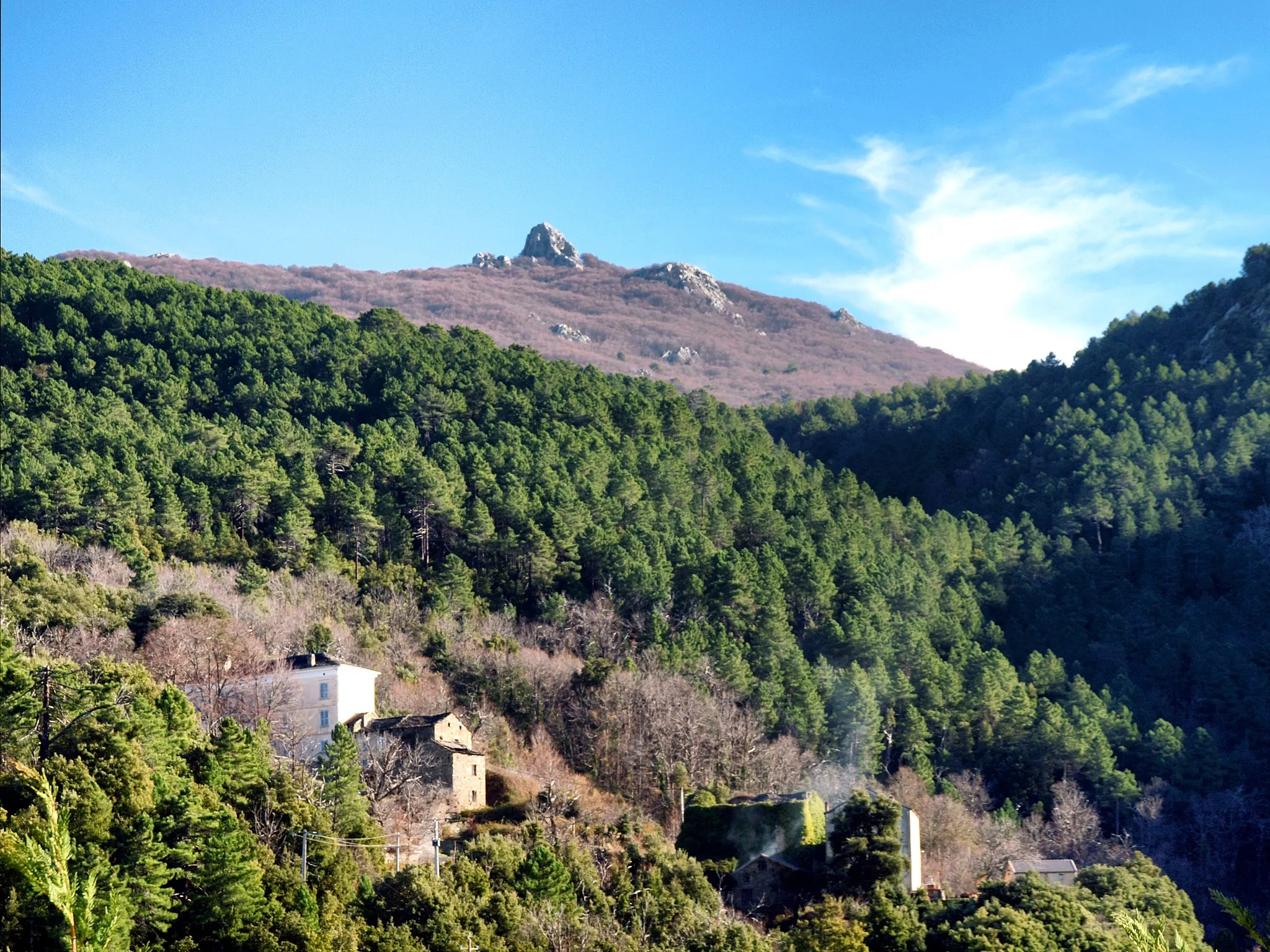 Photo showing: Gavignano, Rostino (Corse) - Le hameau de Petragrossa. À l'arrière-plan, dans l'axe du vallon du ruisseau de Paiarello, la forêt (partie nord) de San Pietro d'Accia, une hêtraie dominée par le monte San Petrone.