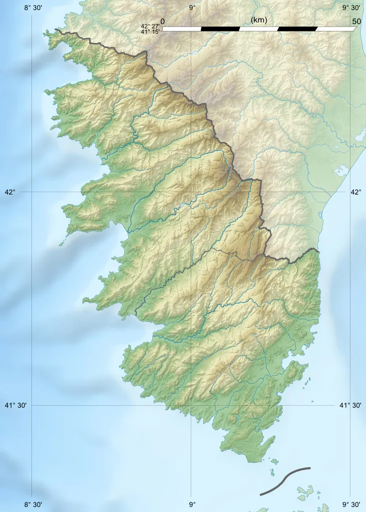 Photo showing: Blank physical map of the department of Corse-du-Sud, France, for geo-location purpose, with distinct boundaries for departments and arrondissements.
