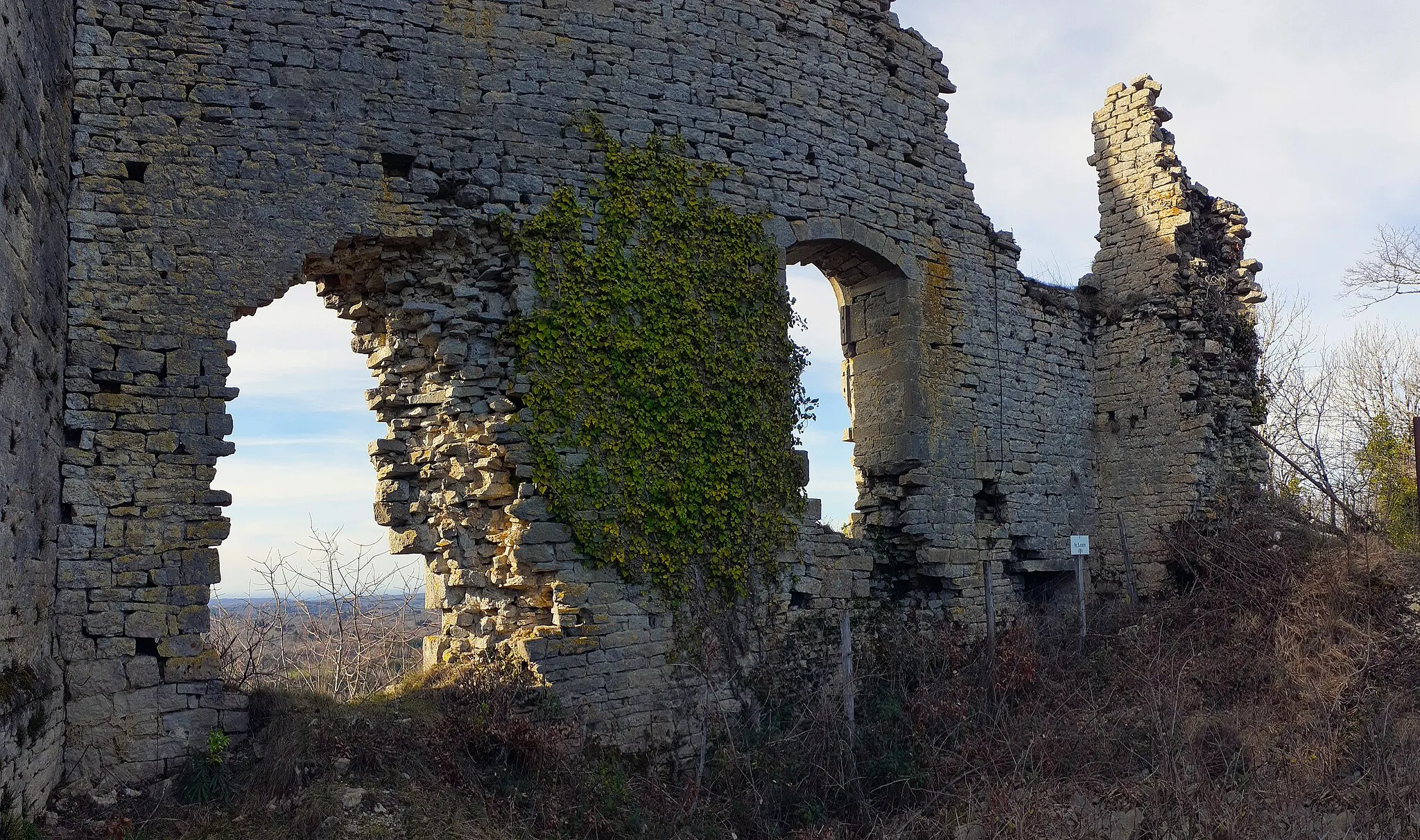 Photo showing: Ces ruines sont dressées sur éperon rocheux de 400m de long et 20m de large. Elles dominent un passage permettant de franchir la côte de l'Heuthe.