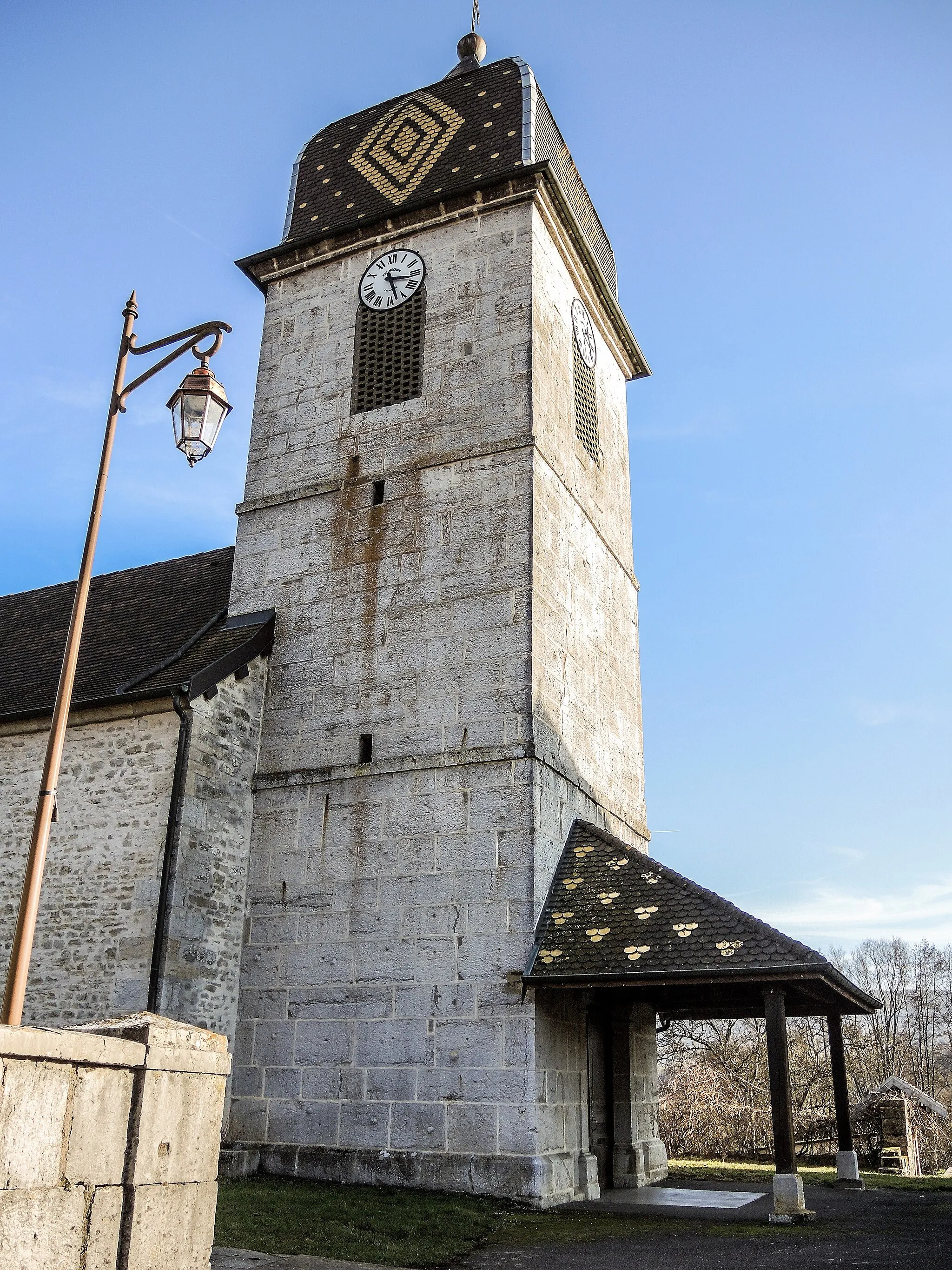 Photo showing: Clocher de l'église de Pompierre-sur-Doubs