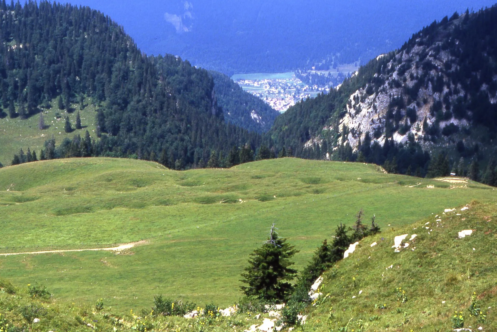 Photo showing: Blick vom Chasseral (1607 m) im Schweizer Jura nach Norden. Zu sehen sind eine Reihe von Dolinen und St. Imier im Hintergrund.