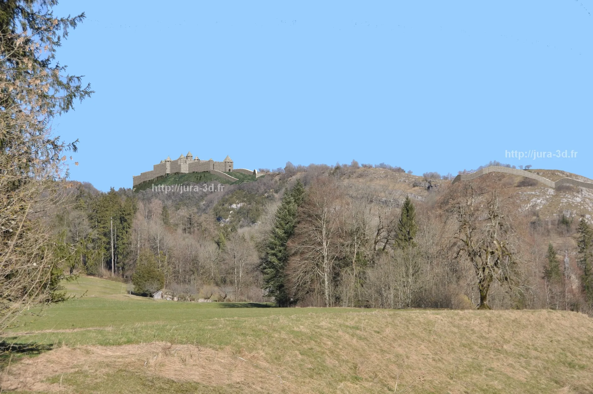 Photo showing: Vue d'ensemble du sud-ouest. Etat restitué de château Villain au XIVe siècle.