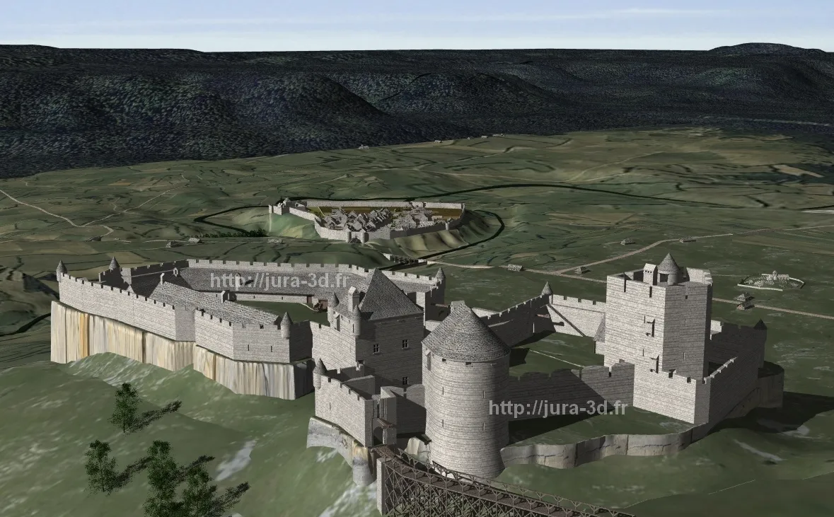 Photo showing: Reconstitution numérique 3D du château du Mont Rivel au XVe siècle