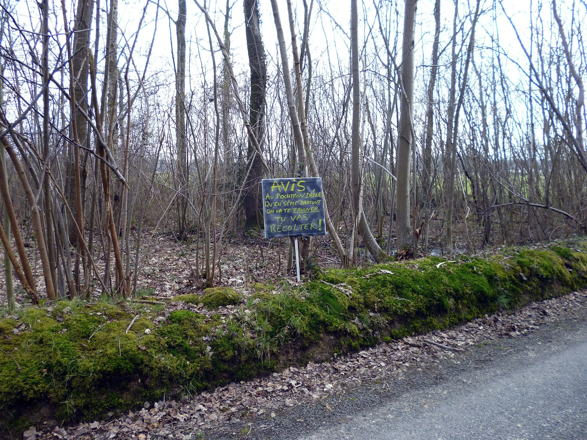 Photo showing: One of several signs around a small forest in Saint-Benoît-des-Ombres (Eure, France). The text means: "Warning to the hideous drunkard who "seeds" everywhere. Someone will find you and then YOU WILL HARVEST!" I've seen some beercans lying around, so I guess this sign tries to prevent pollution.