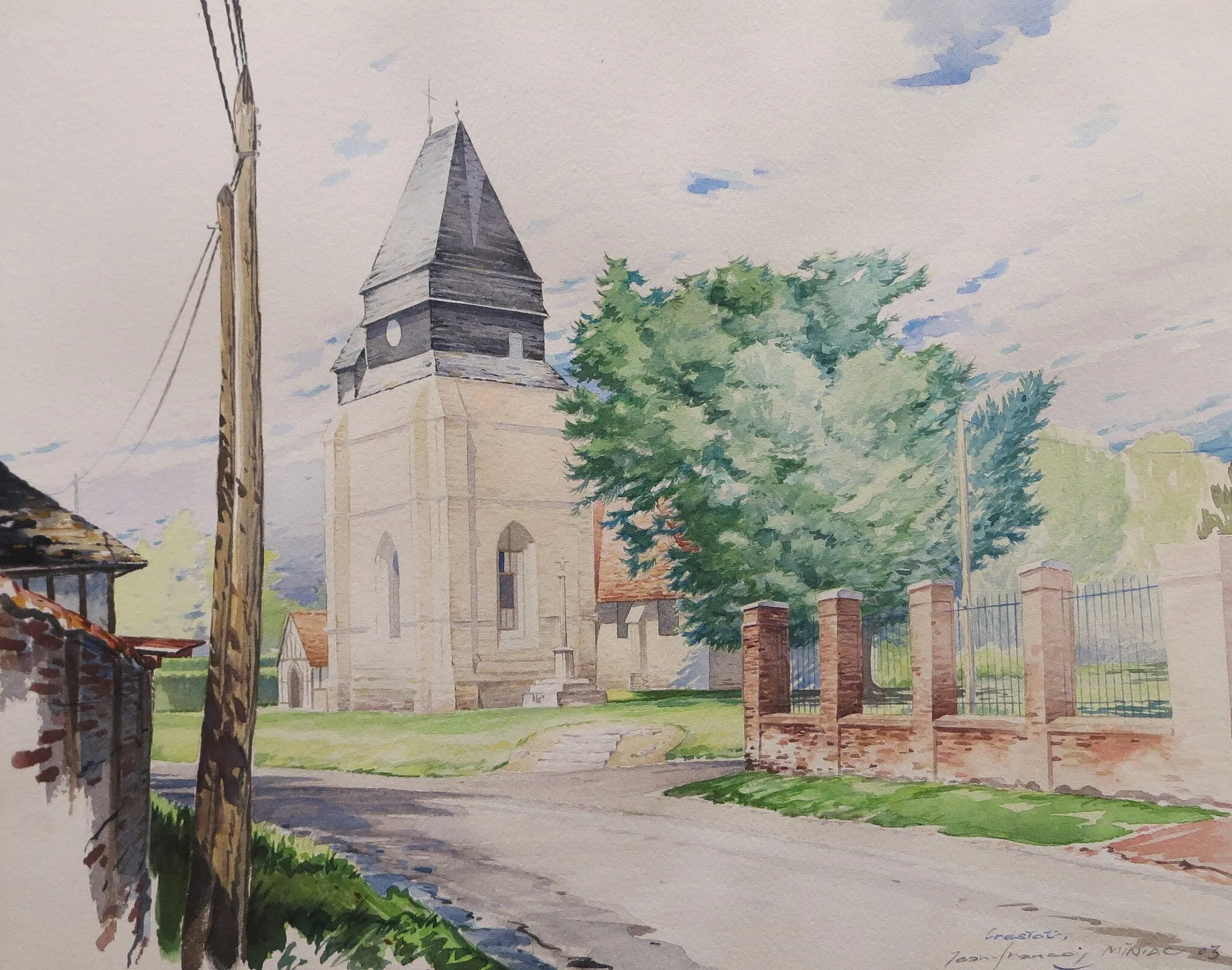 Photo showing: View from Crestot, little city of Eure, near Le Neubourg, Normandy, France. Watercolor by Jean-François Miniac, 2003.