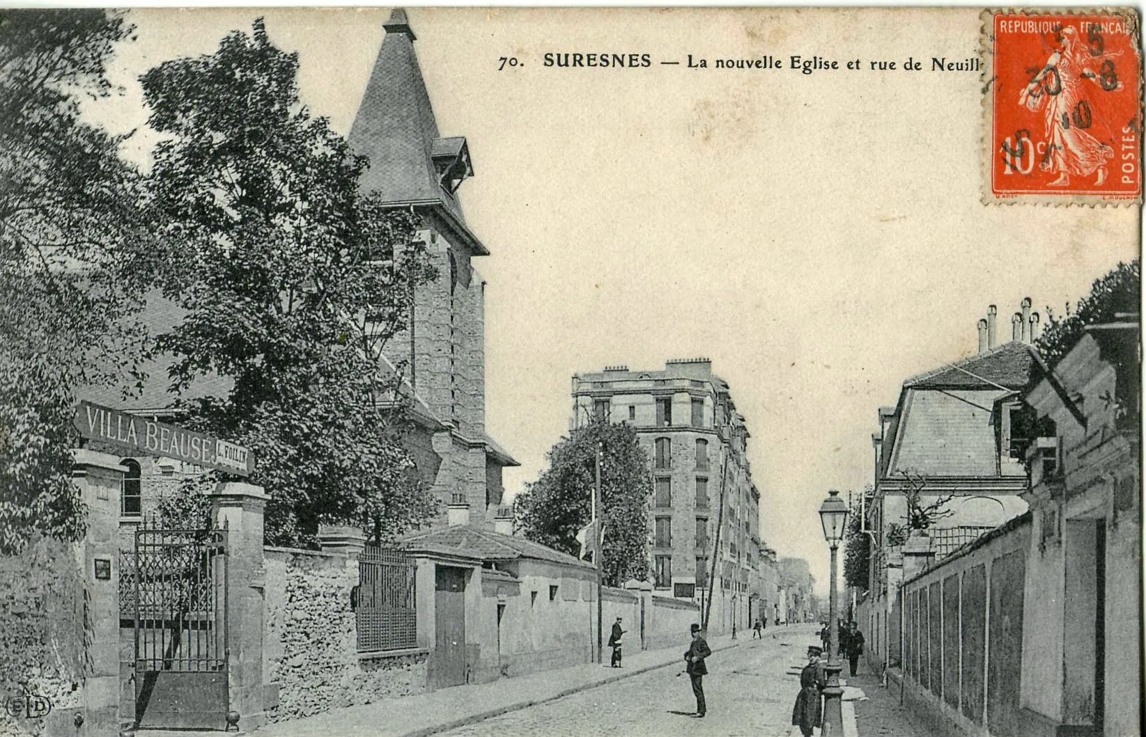 Photo showing: Carte postale ancienne éditée par  ELD, n°70  : SURESNES - La nouvelle église et rue de Neuilly