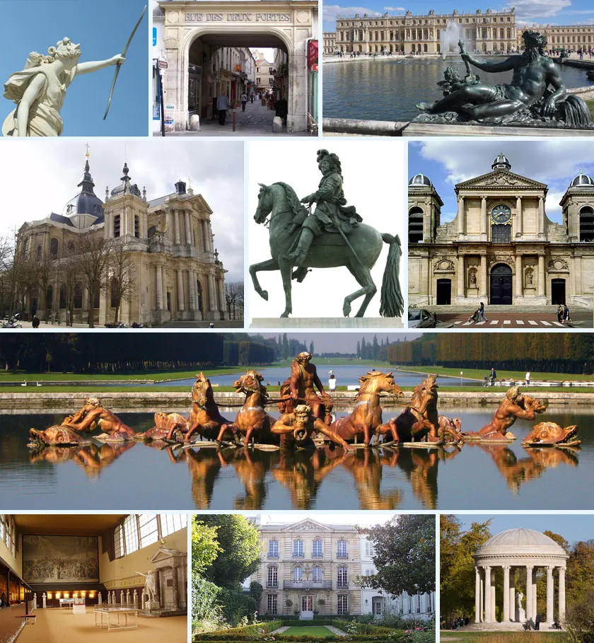 Photo showing: Photo montage of Versailles
From top left to bottom right:
Le Soir ("The Evening" in the gardens of Versailles); rue des Deux-Portes; the Château de Versailles taken from the gardens;
Versailles Cathedral; equestrian statue of Louis XIV, place d'Armes, in front of the Château; Church of Notre-Dame, Versailles, parish church of the Château;
the bassin d'Apollon in the gardens of Versailles;

La salle du Jeu de paume (where the Tennis Court Oath was signed); the Musée Lambinet (municipal museum of Versailles); the Temple de l'Amour ("Temple of Love", garden of the Petit Trianon)