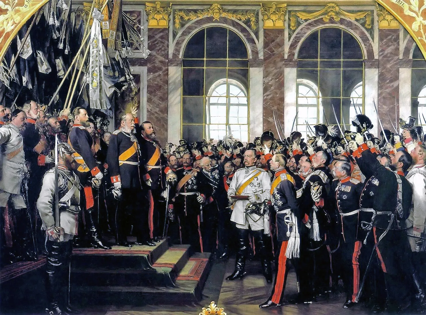 Photo showing: The third version of the proclamation of Prussian king Wilhelm I as German Emperor at Versailles, by Anton von Werner. The first two versions were destroyed in the Second World War. This version was commissioned by the Prussian royal family for chancellor Bismarck's 70th birthday. Note that the subjects are portrayed as the age they were when the work was painted in 1885, not the age they were at when the event occurred in 1871.