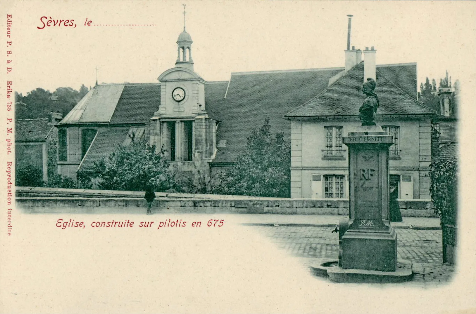 Photo showing: Carte postale ancienne, éditée par P. S. à D. Erika, P. M. Phot n°735 : Sèvres : Eglise, construite sur pilotis en 675 Il s'agit de l'Eglise Paroissiale Saint Romain-de-Blaye,