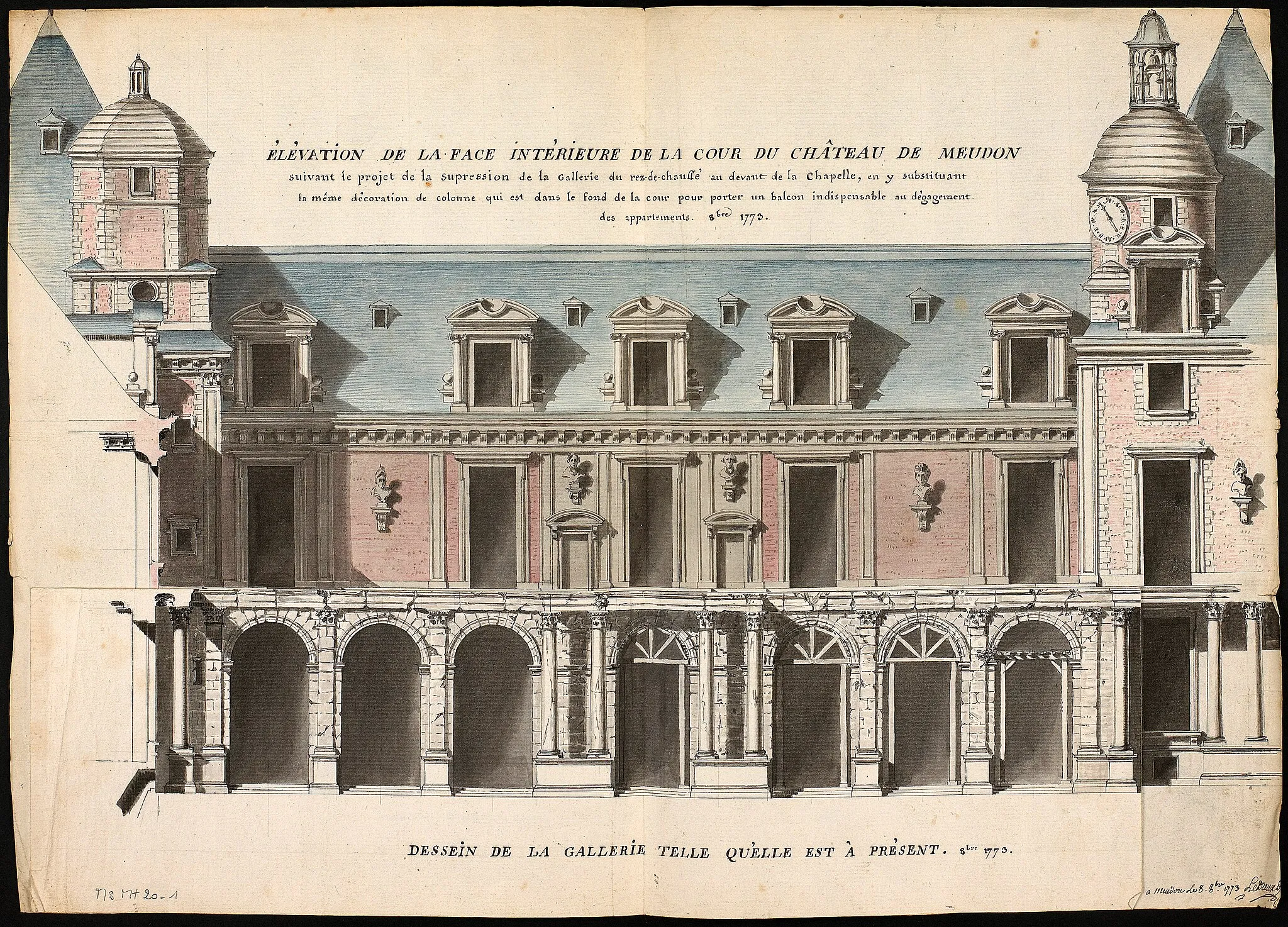 Photo showing: Elévation de l'aile Ouest du Château-Vieux de Meudon, 1773. Dessin de l'architecte Le Dreux.