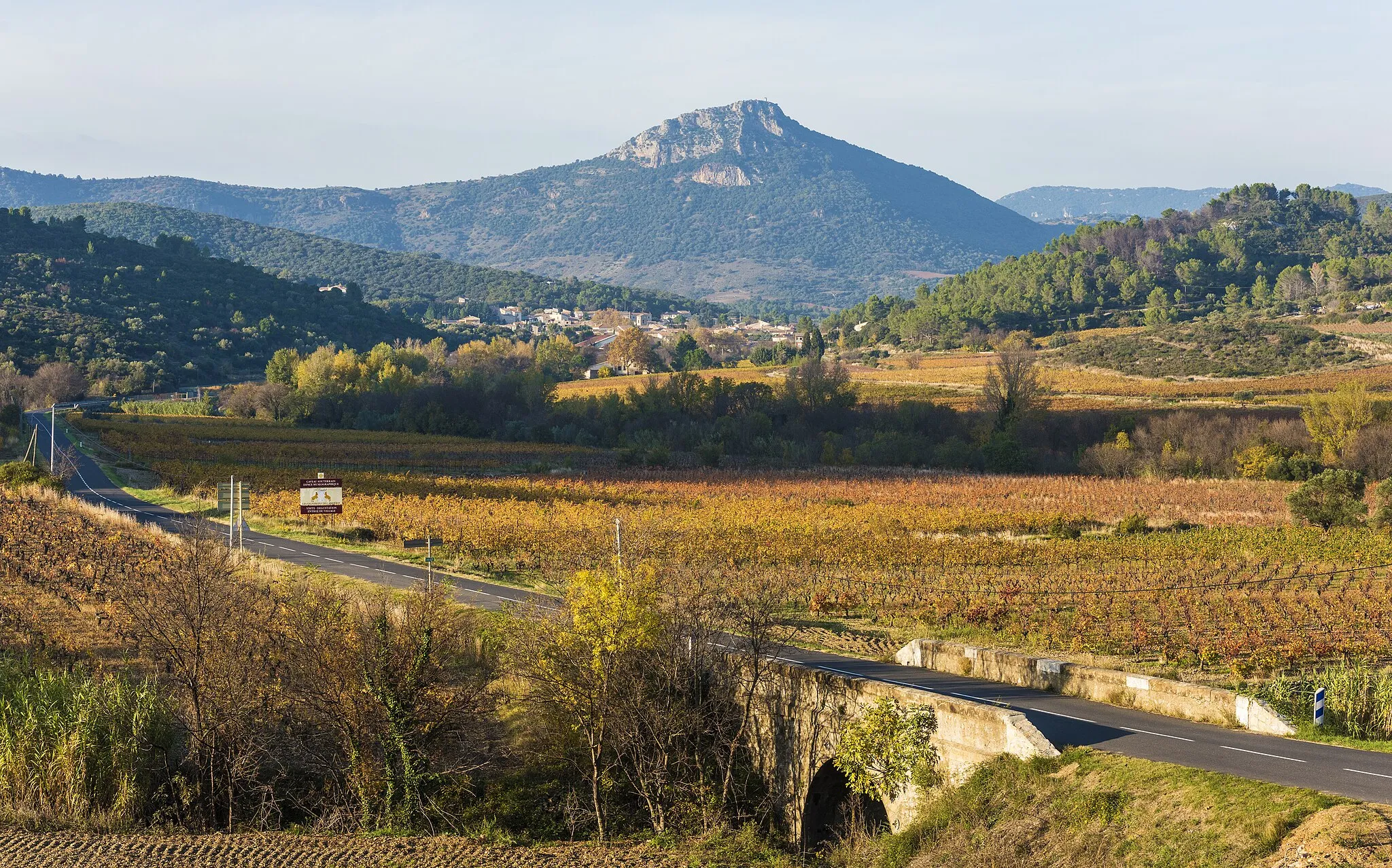 Photo showing: The village of Cabrières. In foreground some vineyards and in background the Pic de Vissou. Hérault, France.