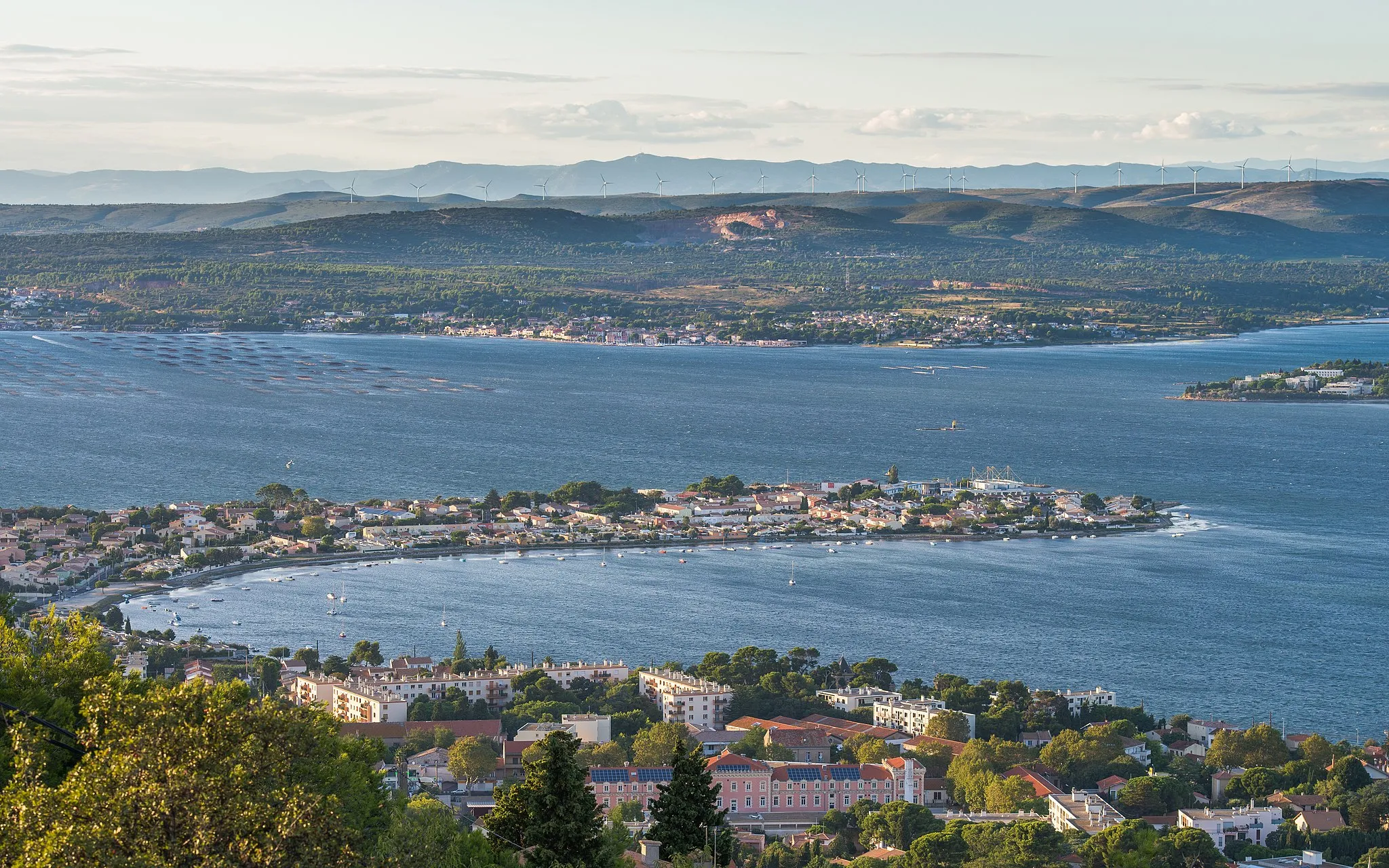 Photo showing: The Barrou Neighbourhood and the Étang de Thau. On the opposite bank the commune of Bouzigues and its Oyster farms. On the hills in the background, the Nord Bassin de Thau wind farm. Sète, Hérault, France.