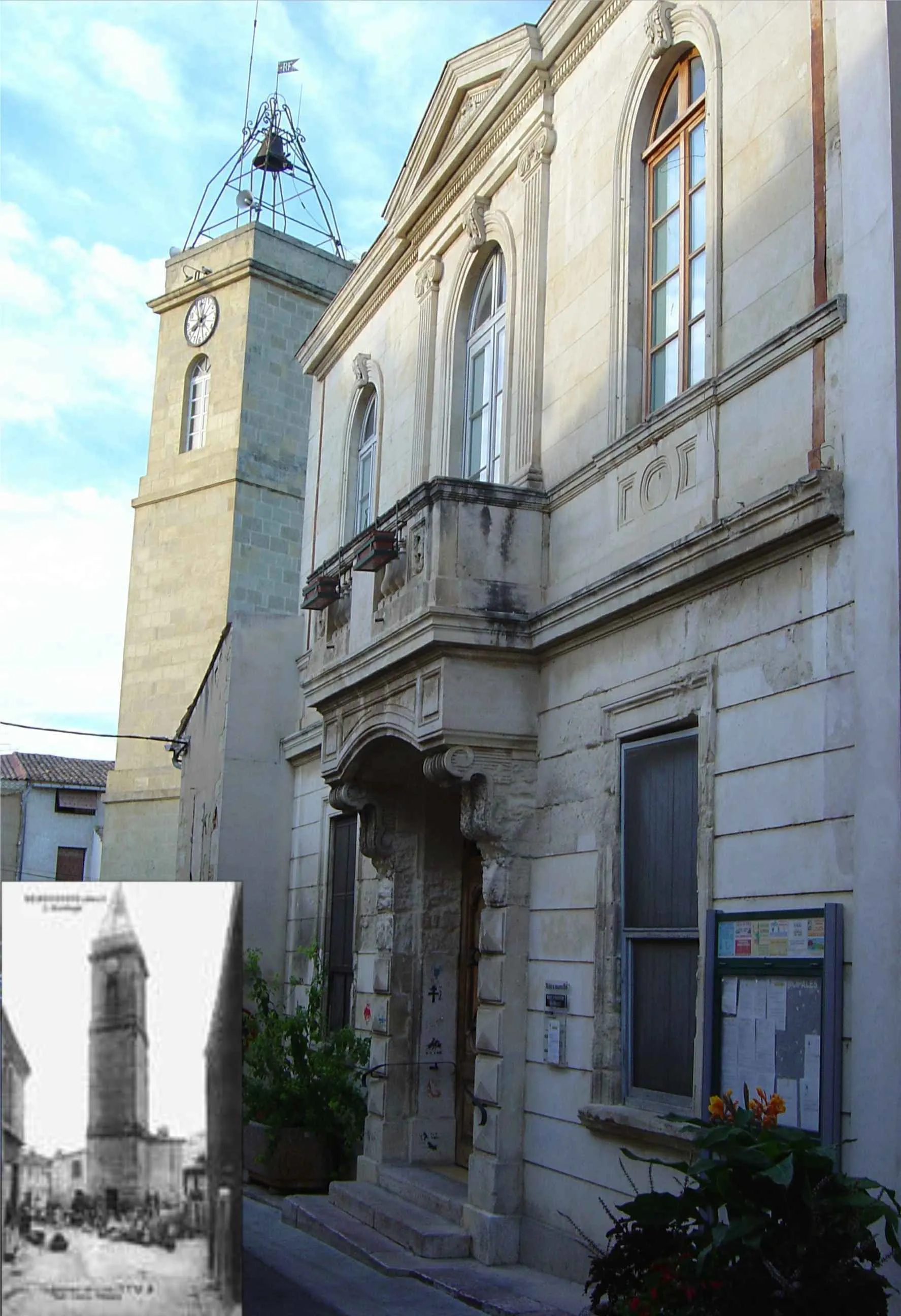 Photo showing: Beauvoisin  La mairie et l'Horloge de 1900 à 2006

Auteur :Montage et Photo _ R. BENEZET
