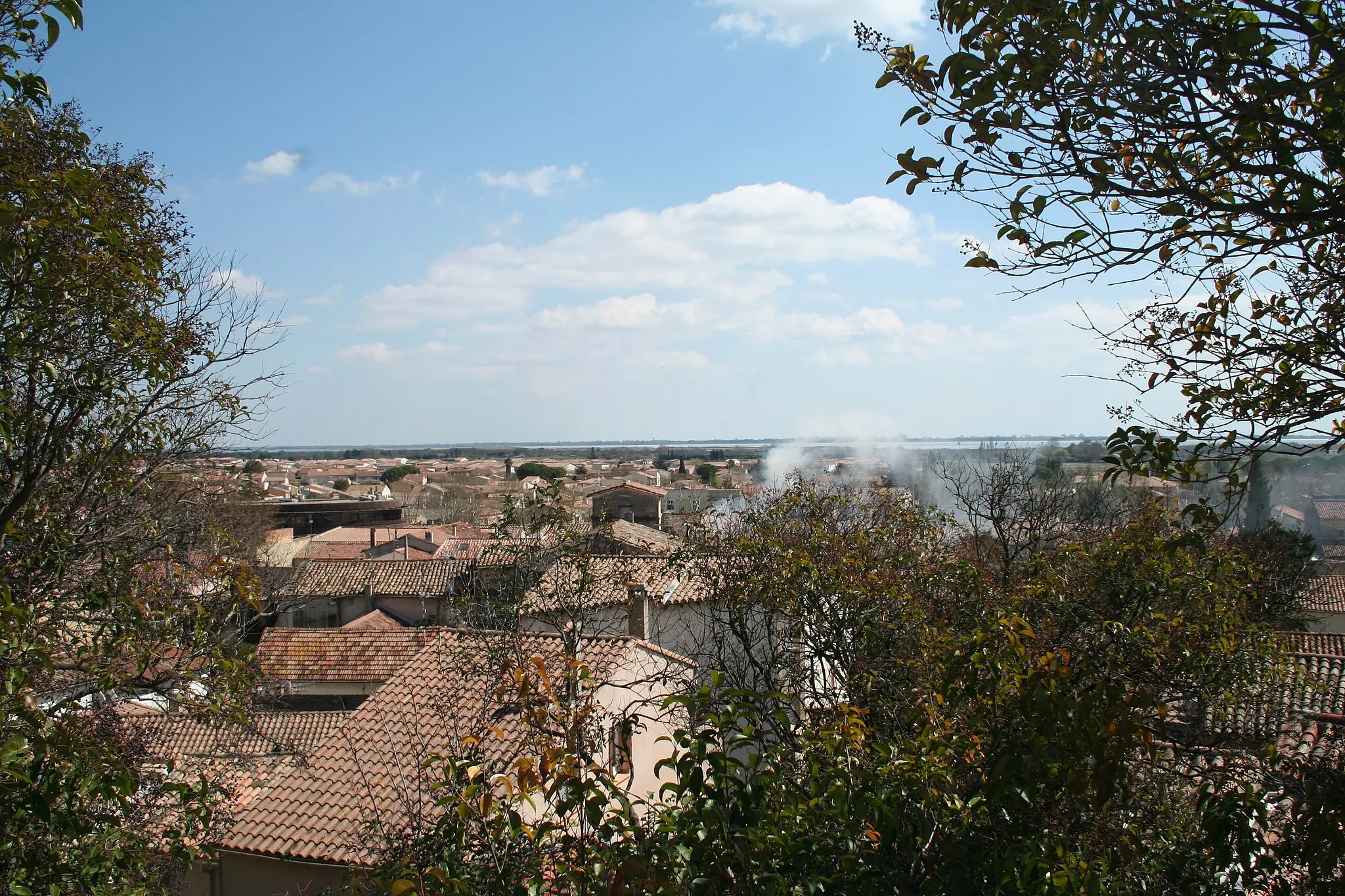 Photo showing: Mauguio (Hérault) - vue générale vers le sud, depuis la motte. À l'horizon, l'étang de l'Or.