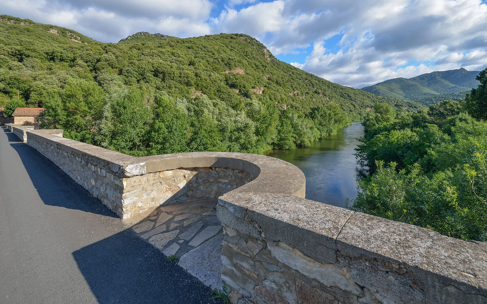 Photo showing: Orb River and Valley from the bridge of Ceps (XIXe century), downstream of the Gorges de l'Orb. On the left the Mount Cayre (451m) and in the right in the background (in the commune of Vieussan), the Mount of La Tour du Pin (666m). Hamlet of Ceps, Roquebrun, Hérault, France. Haut-Languedoc Regional Natural Park.