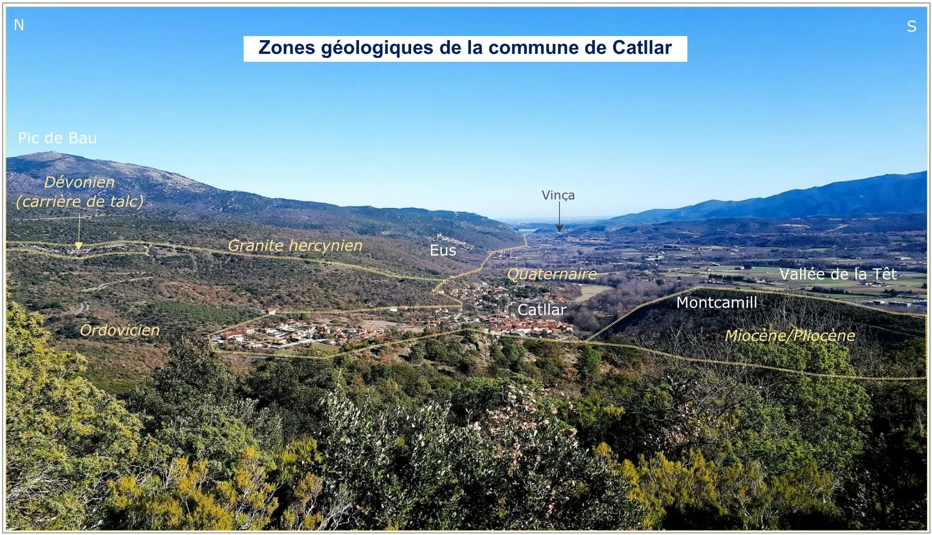 Photo showing: Zones géologiques de la commune de Catllar, Pyrénées-Orientales (66). Vue vers l'est. Image de base : File:Vue sur Catllar.jpg.